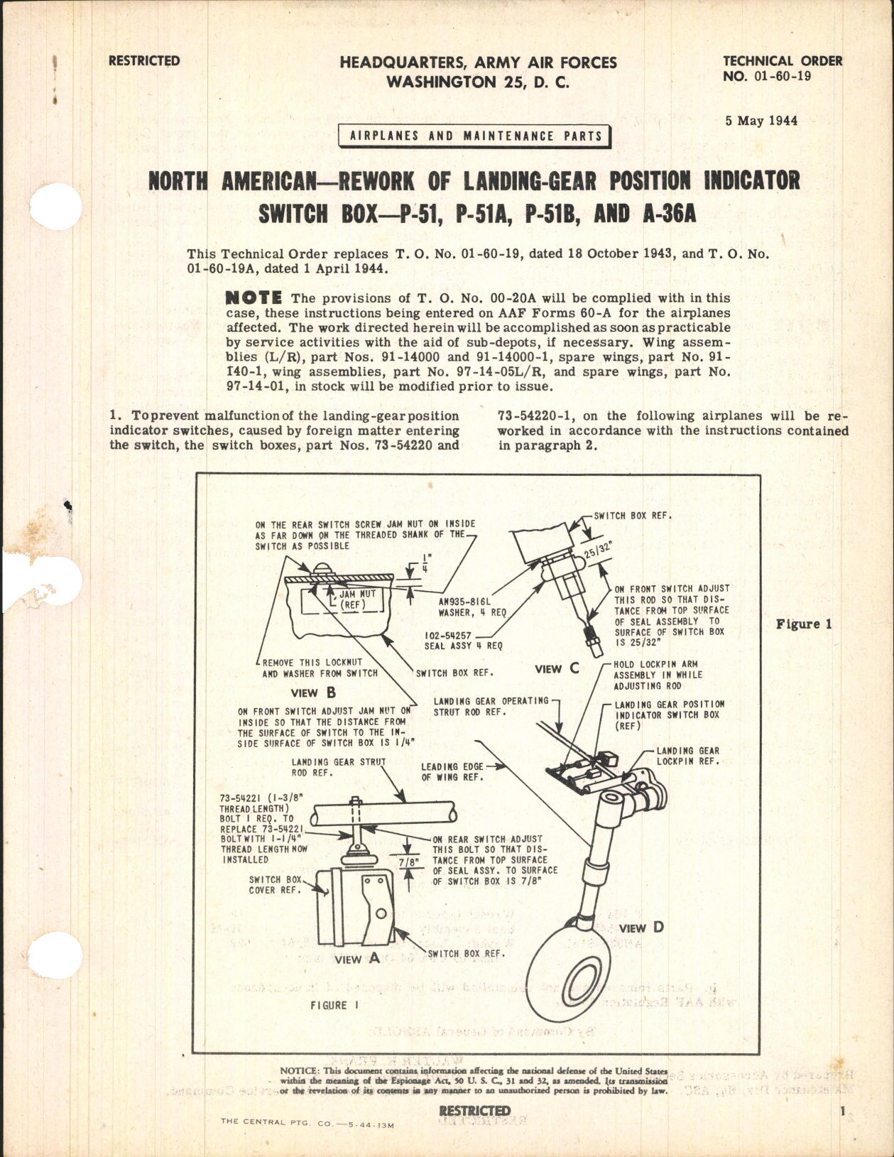 Sample page 1 from AirCorps Library document: Rework of Landing-Gear Position Indicator Switch Box for P-51, P-51A, P-51B, and A-36A
