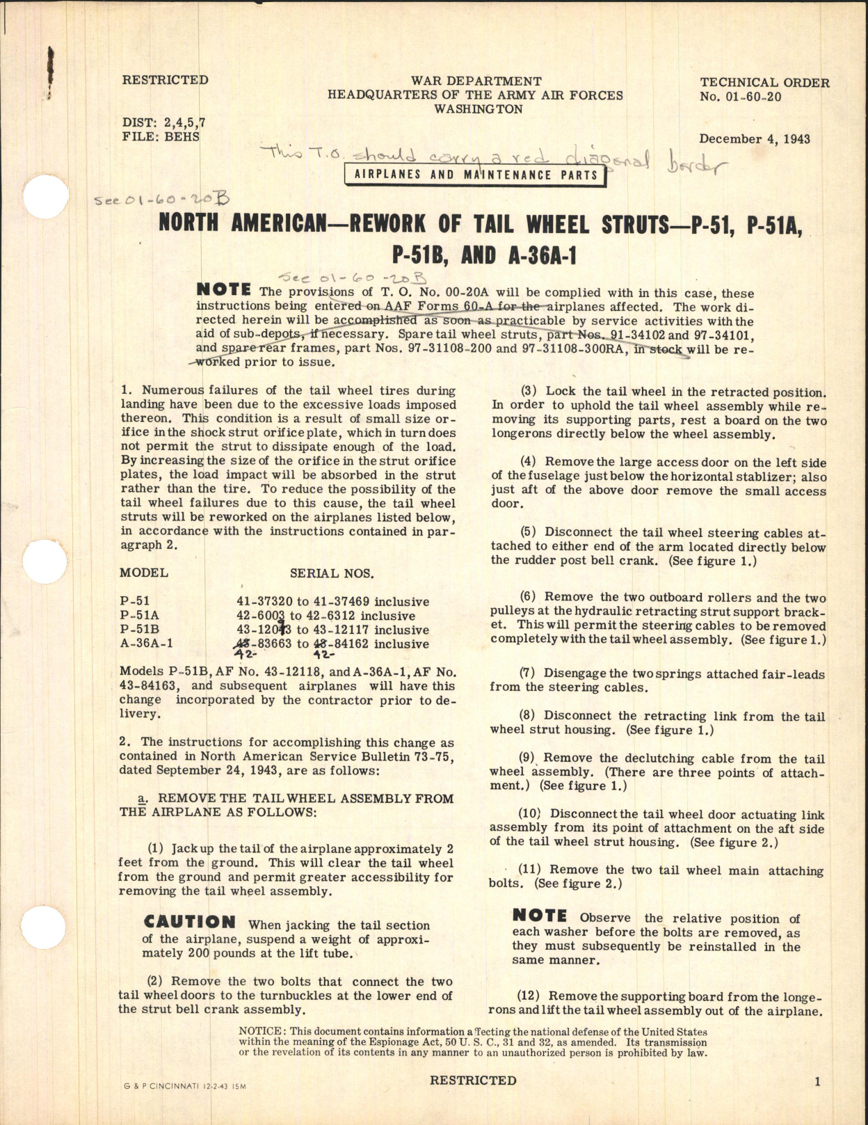 Sample page 1 from AirCorps Library document: Rework of Tail Wheel Struts for P-51, P-51A, P-51B, and A-36A-1