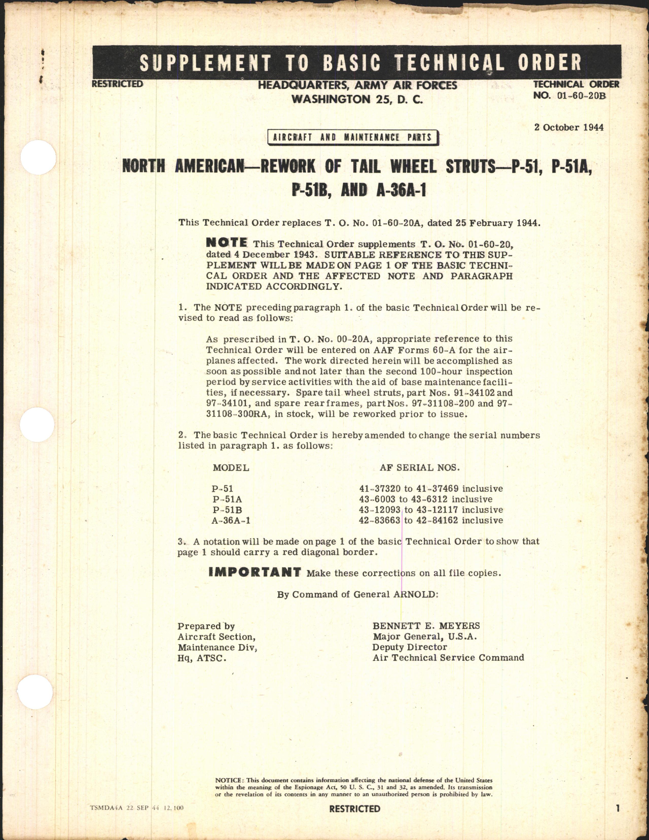 Sample page 1 from AirCorps Library document: Rework of Tail Wheel Struts for P-51, P-51A, P-51B, and A-36A-1