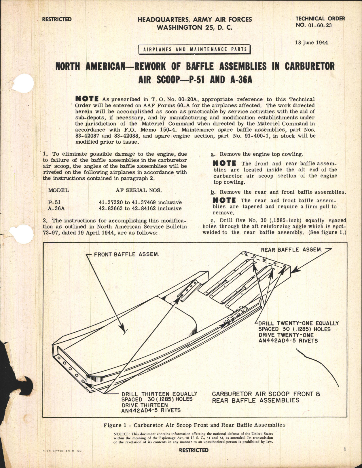 Sample page 1 from AirCorps Library document: Rework of Baffle Assemblies in Carburetor Air Scoop for P-51 and A-36A