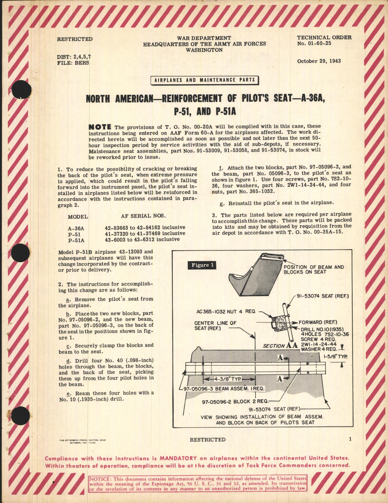Sample page 1 from AirCorps Library document: Reinforcement of Pilot's Seat for A-36A, P-51, and P-51A