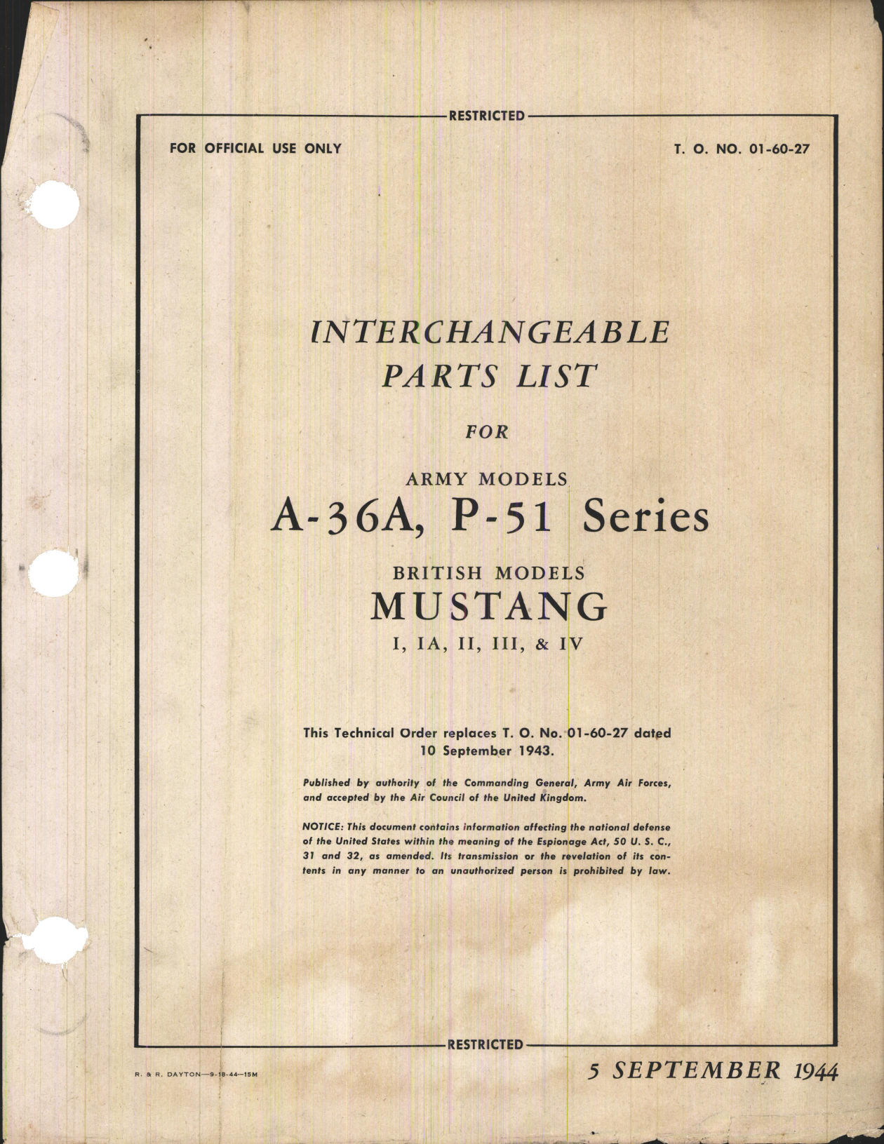 Sample page 1 from AirCorps Library document: Interchangeable Parts List for A-36A, P-51 Series, and Mustang I, IA, II, III, and IV