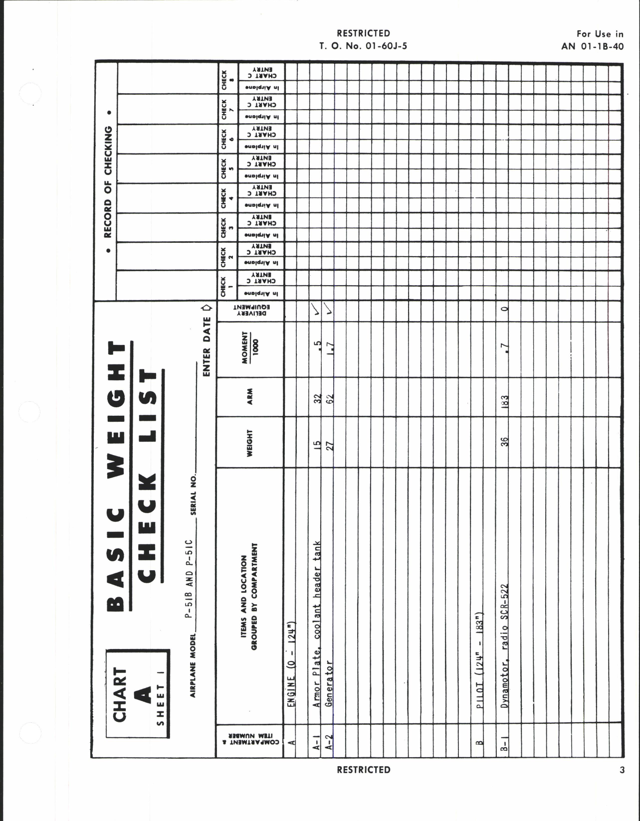 Sample page 5 from AirCorps Library document: Basic Weight Check List and Loading Data for P-51B, C, D, and K Series Aircraft