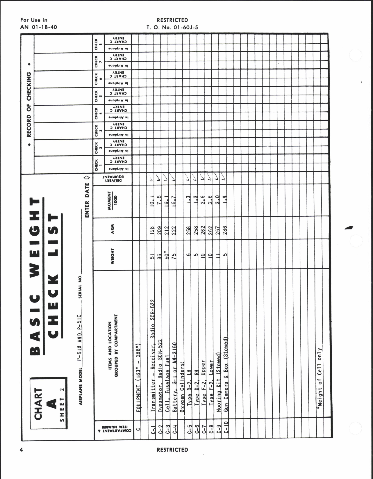 Sample page 6 from AirCorps Library document: Basic Weight Check List and Loading Data for P-51B, C, D, and K Series Aircraft