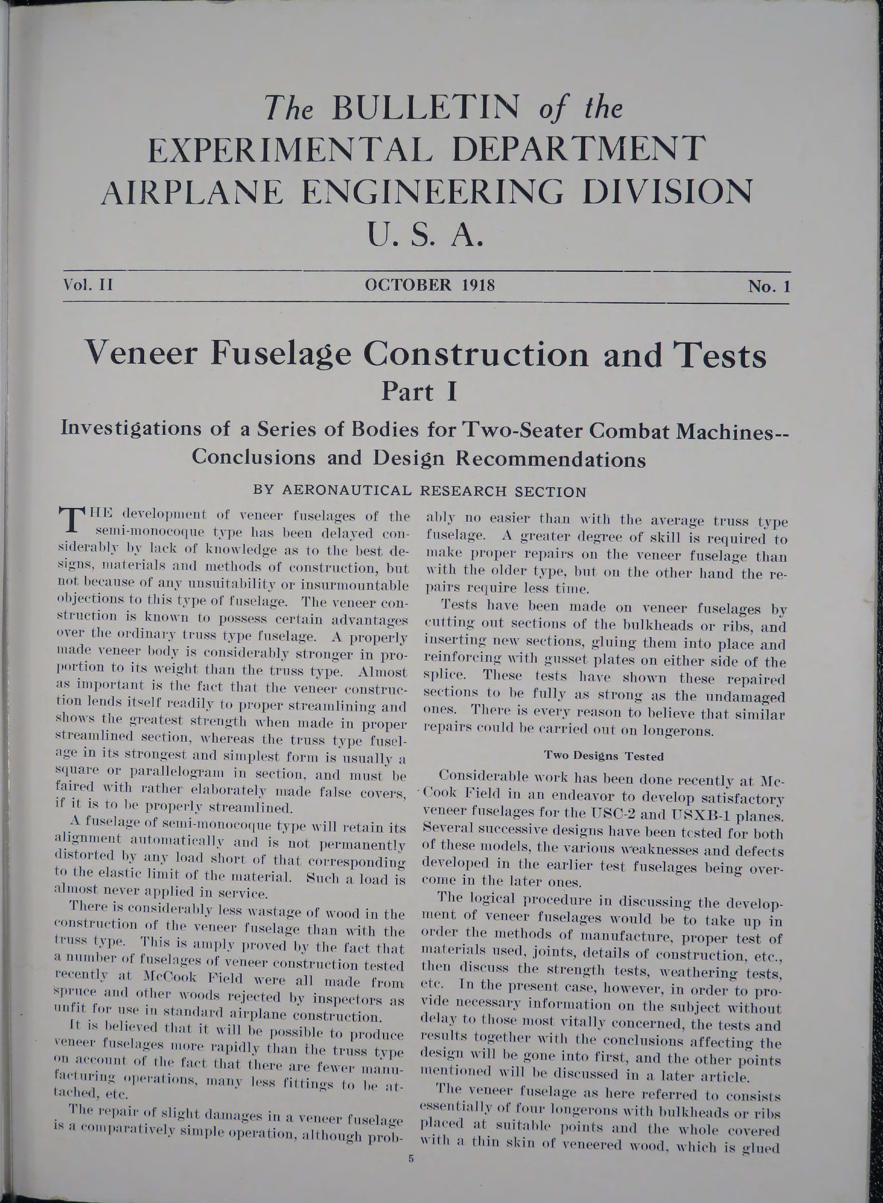 Sample page 5 from AirCorps Library document: Bulletin on the Experimental Department of Airplane Engineering Division