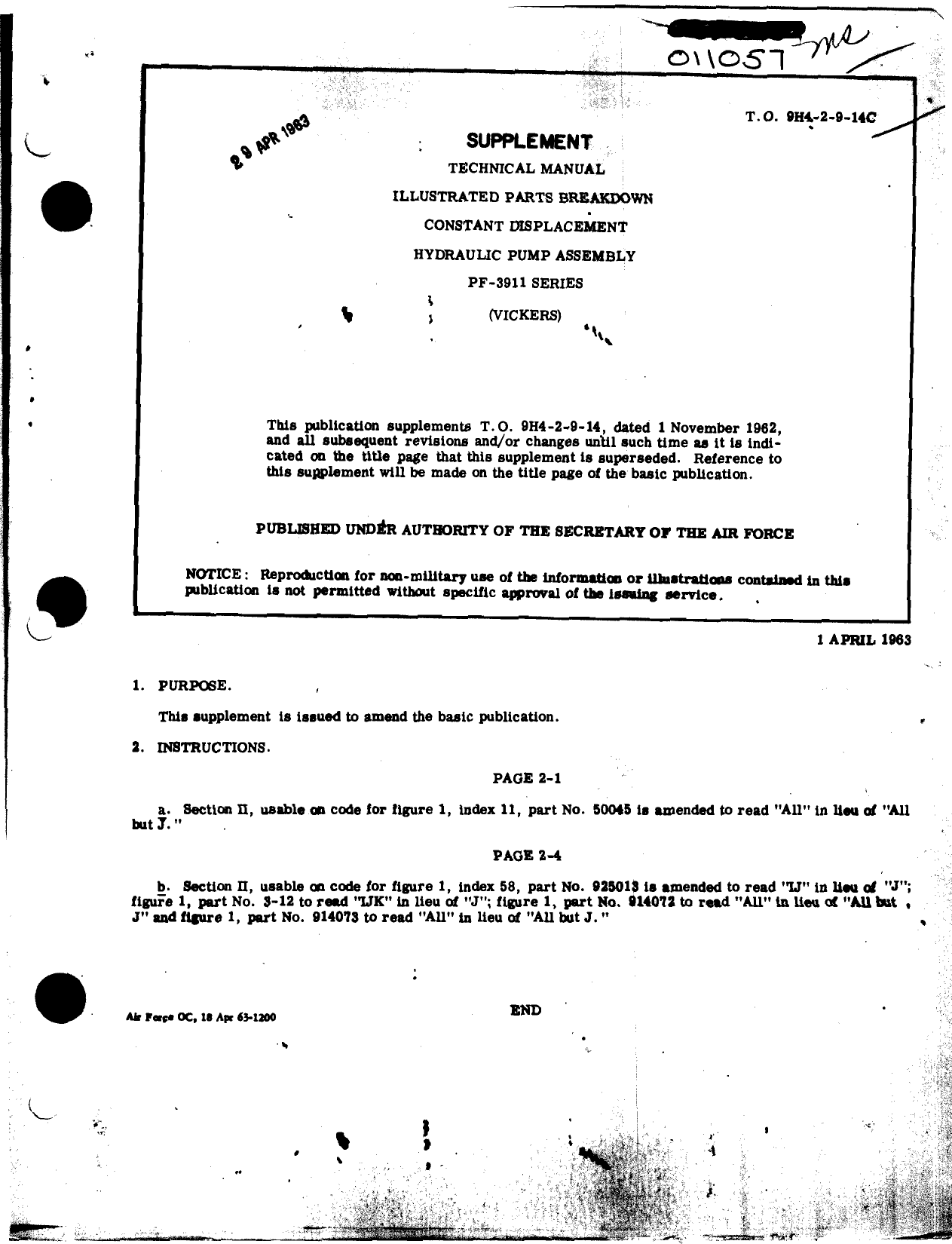 Sample page 1 from AirCorps Library document: Supplement to Illustrated Parts Breakdown for Constant Displacement Hydraulic Pump Assembly PF-3911 Series