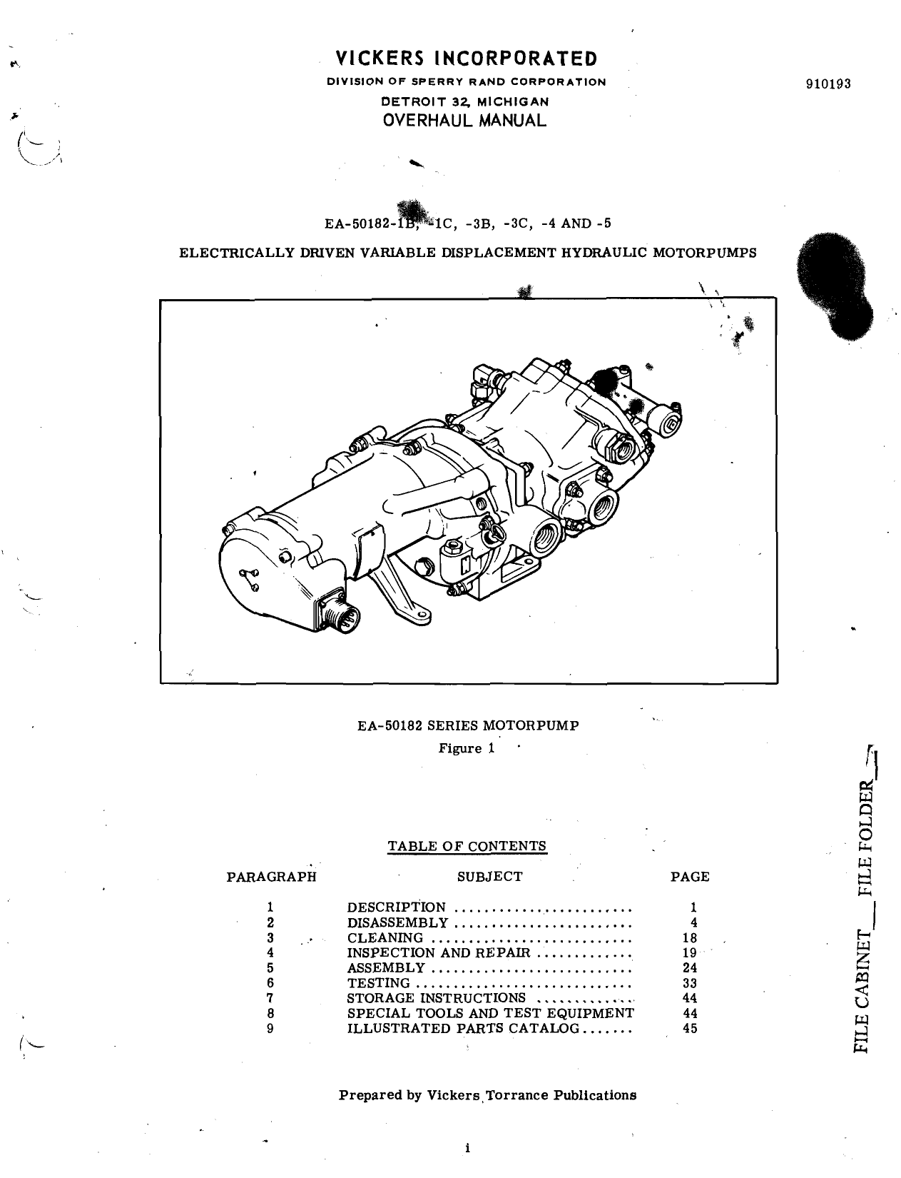 Sample page 1 from AirCorps Library document: Overhaul Manual for Electrically Driven Variable Displacement Hydraulic Motorpumps EA-50182-1B, -1C, -3B, -4 & -5