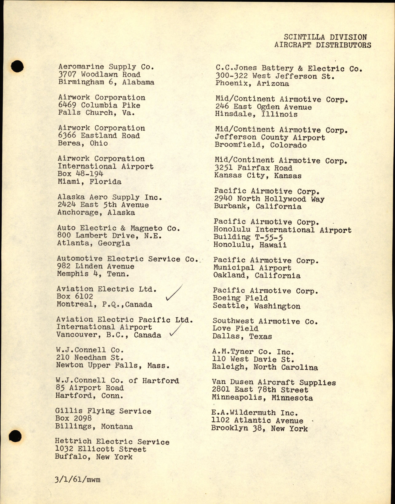Sample page 1 from AirCorps Library document: List of Bendix-Scintilla Division Aircraft Distributors