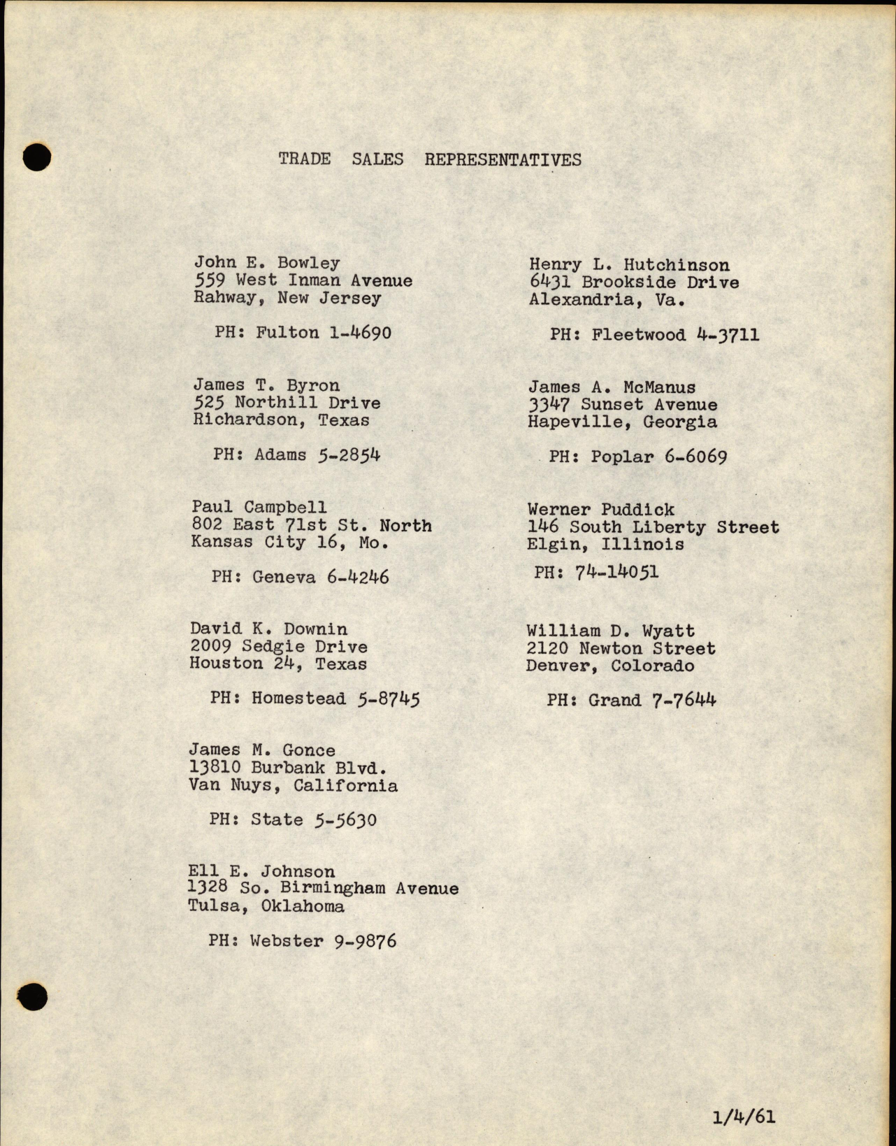 Sample page 1 from AirCorps Library document: List of Trade Sales Representatives