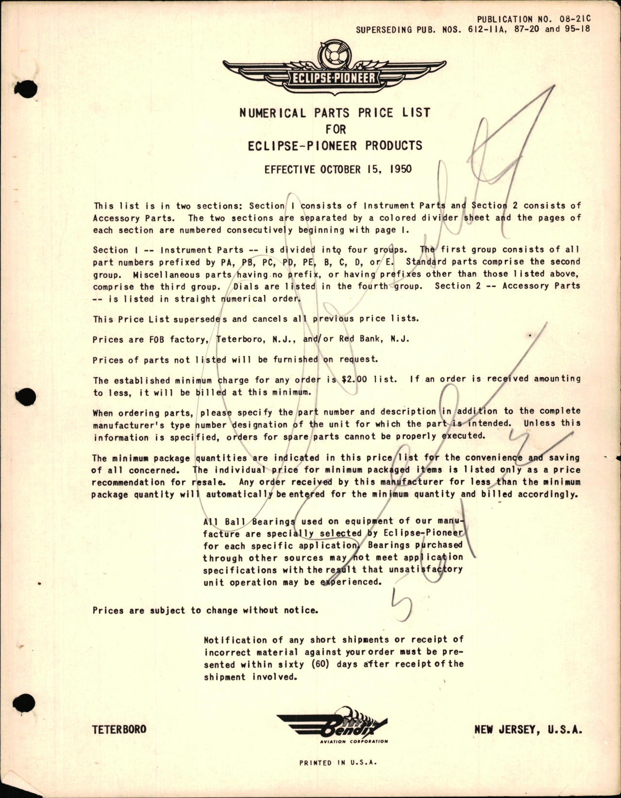 Sample page 1 from AirCorps Library document: Numerical Parts Price List for Eclipse-Pioneer Products