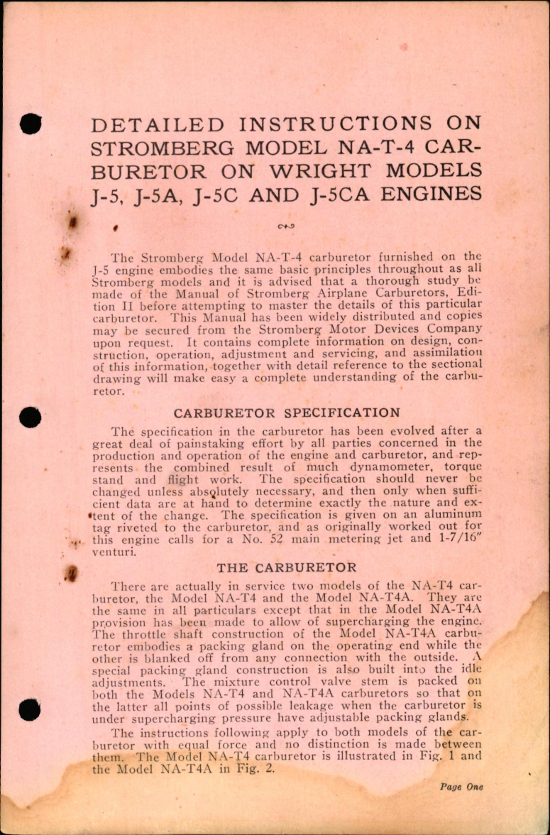 Sample page 1 from AirCorps Library document: Detailed Instructions on Stromberg Model NA-T-4 Carburetors on Wright Models J-5, J-5A, J-5C, and J-5CA Engines,