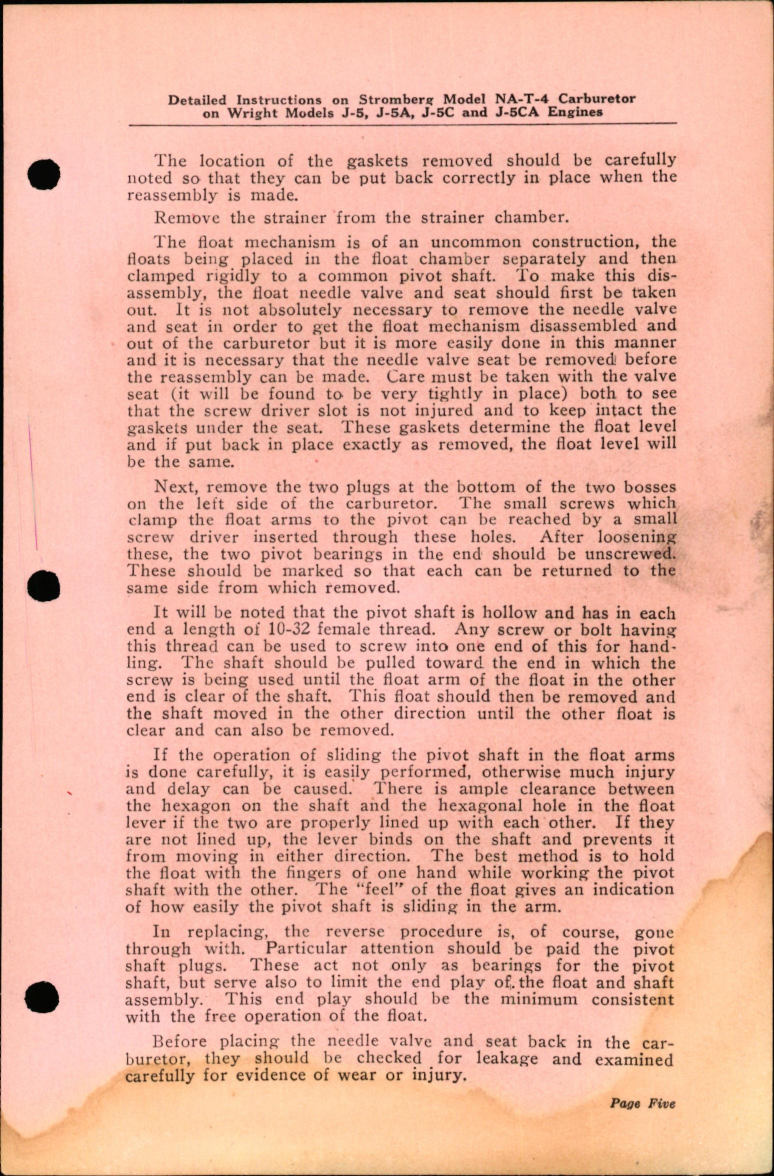 Sample page 5 from AirCorps Library document: Detailed Instructions on Stromberg Model NA-T-4 Carburetors on Wright Models J-5, J-5A, J-5C, and J-5CA Engines,