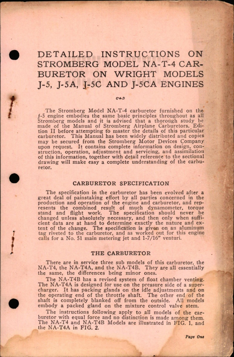 Sample page 1 from AirCorps Library document: Detailed Instructions on Stromberg Model NA-T-4 Carburetor on Wright Models J-5, J-5A, J-5C, and J-5CA Engines