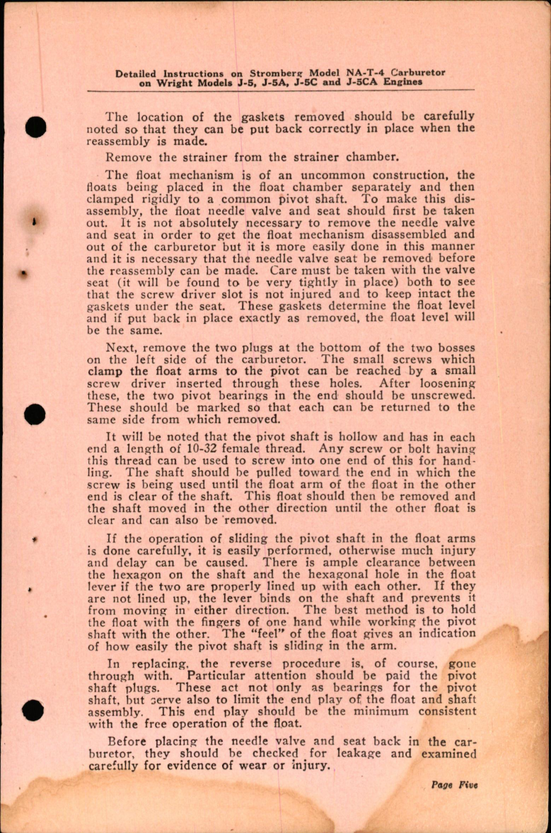 Sample page 5 from AirCorps Library document: Detailed Instructions on Stromberg Model NA-T-4 Carburetor on Wright Models J-5, J-5A, J-5C, and J-5CA Engines