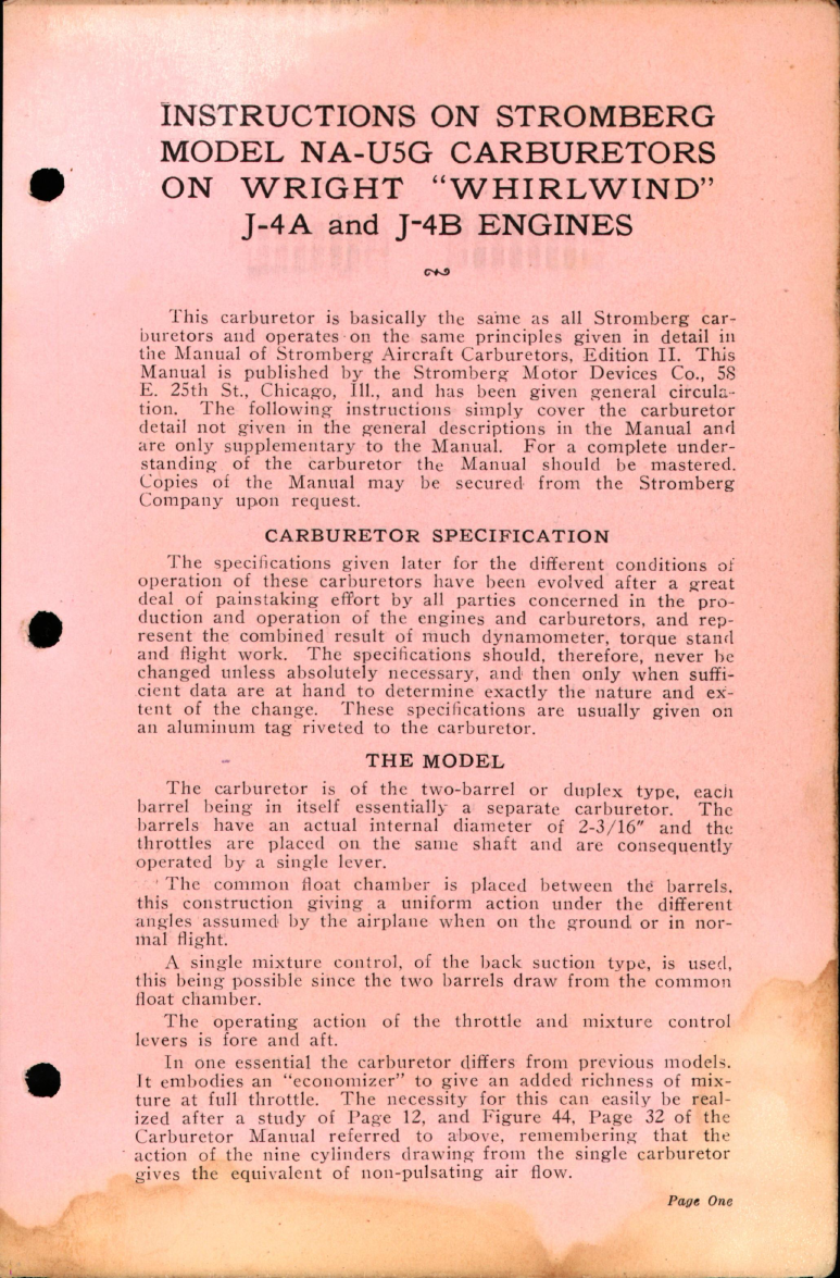 Sample page 1 from AirCorps Library document: Instructions on Stromberg Model NA-U5G Carburetors on Wright Whirlwind J-4A and J-4B Engines