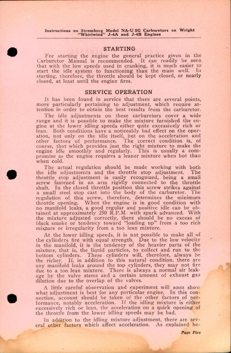 Sample page 5 from AirCorps Library document: Instructions on Stromberg Model NA-U5G Carburetors on Wright Whirlwind J-4A and J-4B Engines