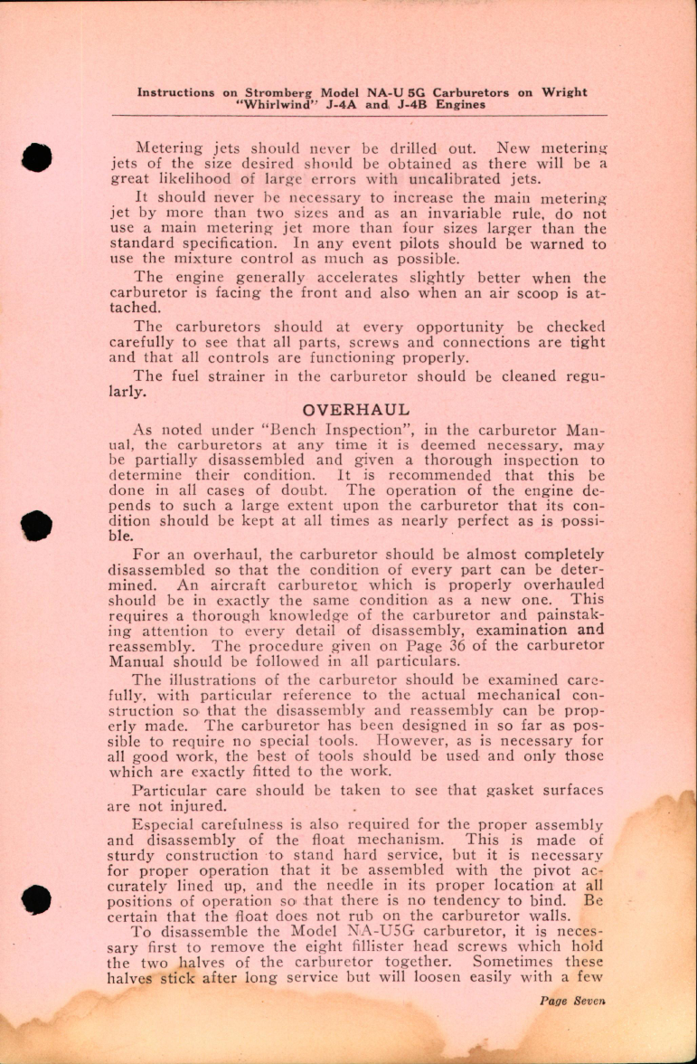 Sample page 7 from AirCorps Library document: Instructions on Stromberg Model NA-U5G Carburetors on Wright Whirlwind J-4A and J-4B Engines