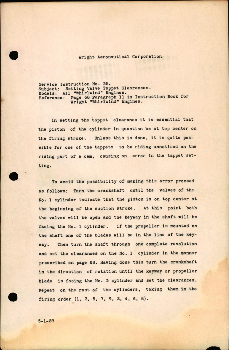 Sample page 1 from AirCorps Library document: Setting Valve Tappet Clearances for All Whirlwind Engines