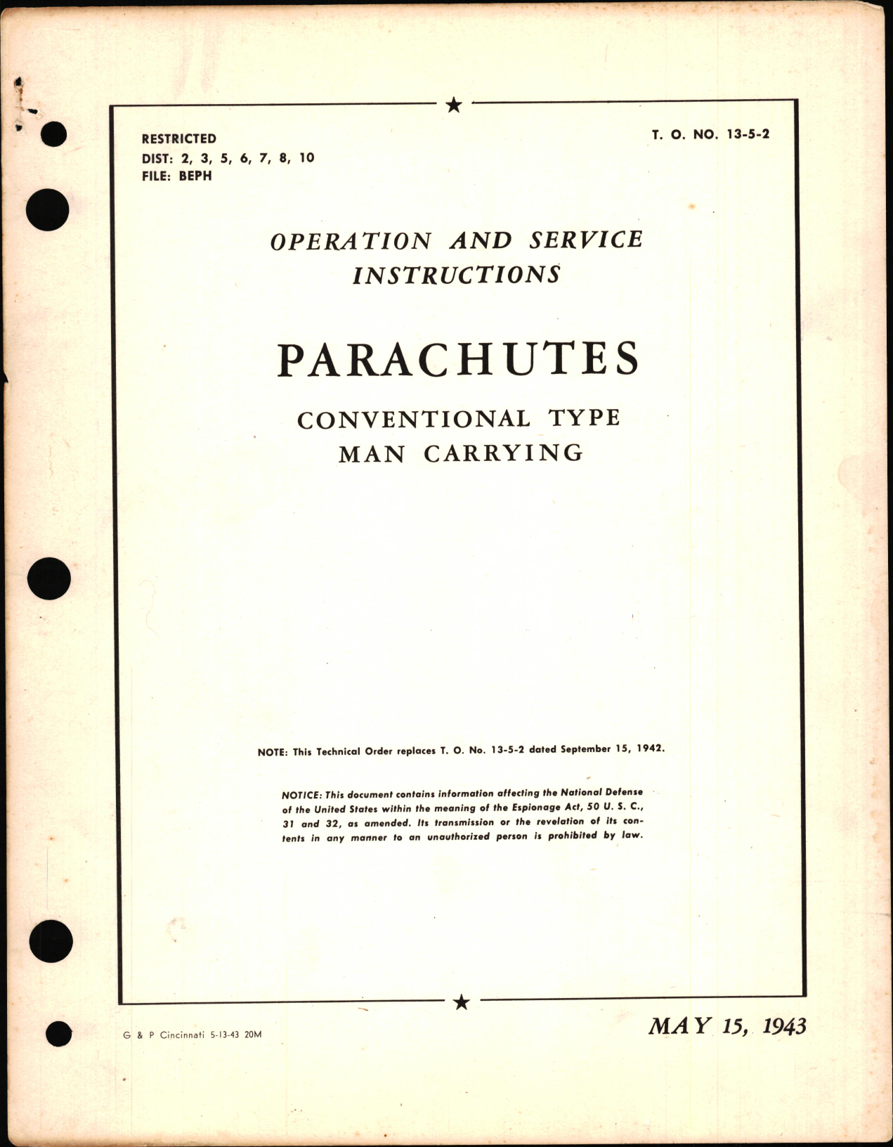 Sample page 1 from AirCorps Library document: Operation and Service Instructions for Parachutes Conventional Type Man Carrying, 