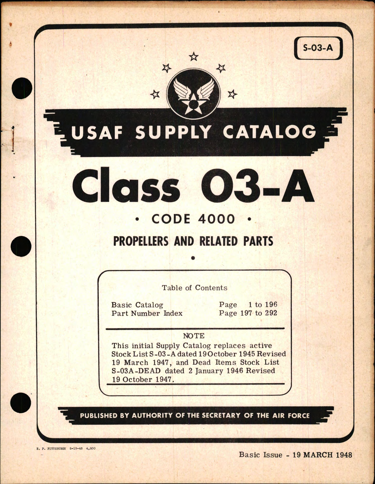 Sample page 1 from AirCorps Library document: USAF Supply Catalog Class 03-A Code 4000 Propellers and Related Parts