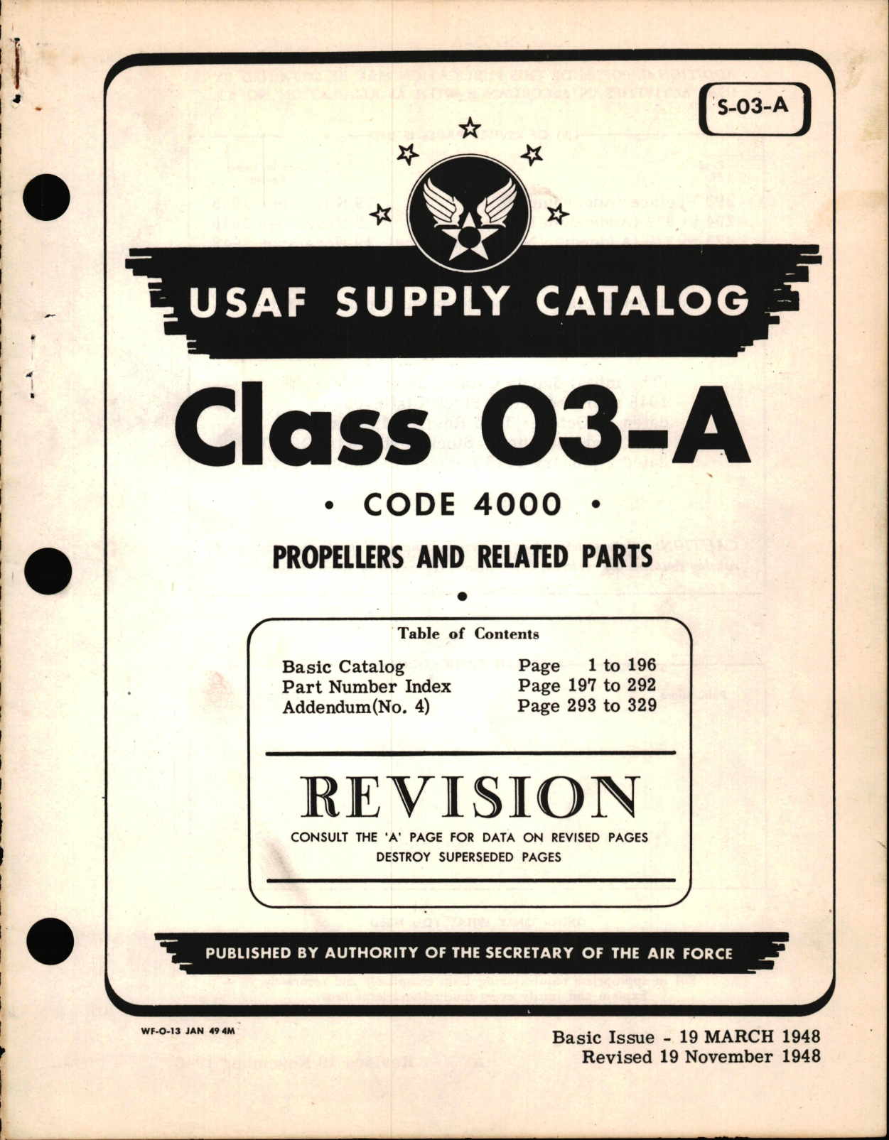 Sample page 1 from AirCorps Library document: USAF Supply Catalog Class 03-A Code 4000 Propellers and Related Parts