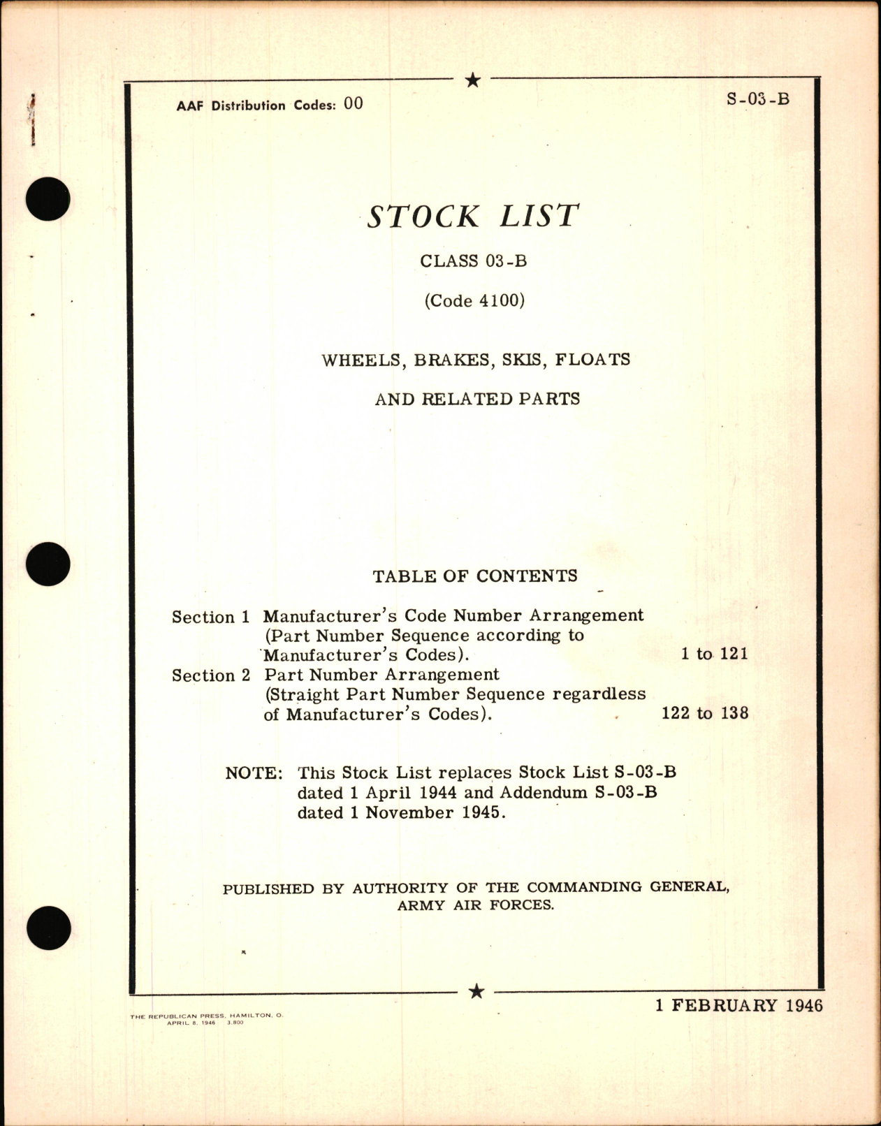 Sample page 1 from AirCorps Library document: Stock List for Class 03-B Wheels, Brakes Skis, Floats, & Related Parts