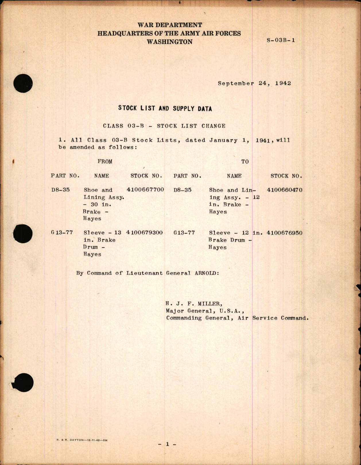 Sample page 1 from AirCorps Library document: Stock List Change for Class 03-B