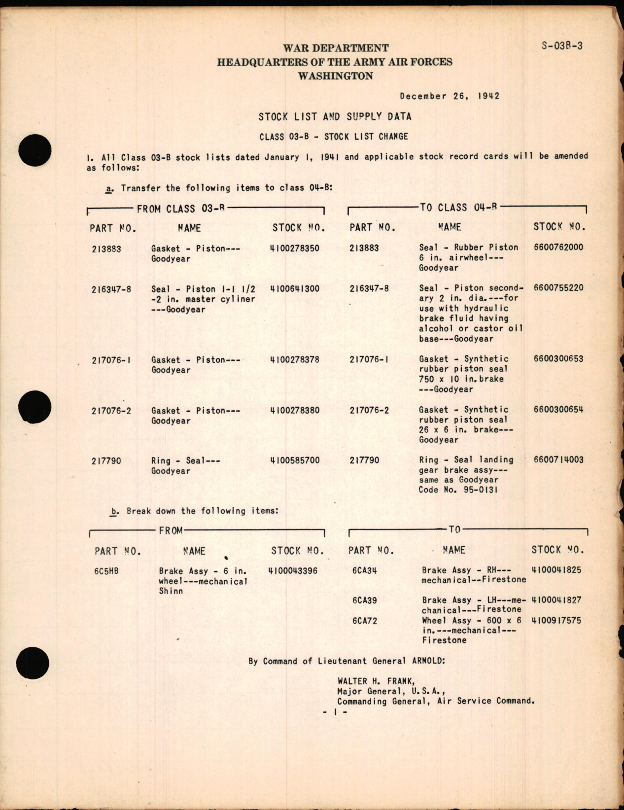 Sample page 1 from AirCorps Library document: Stock List Change for Class 03-B