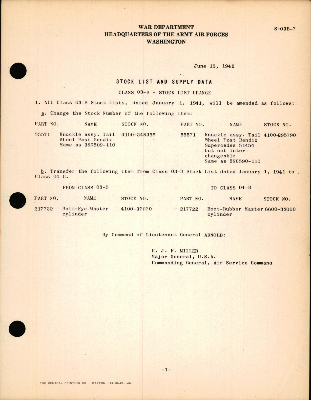Sample page 1 from AirCorps Library document: Stock List Change for Class 03-B