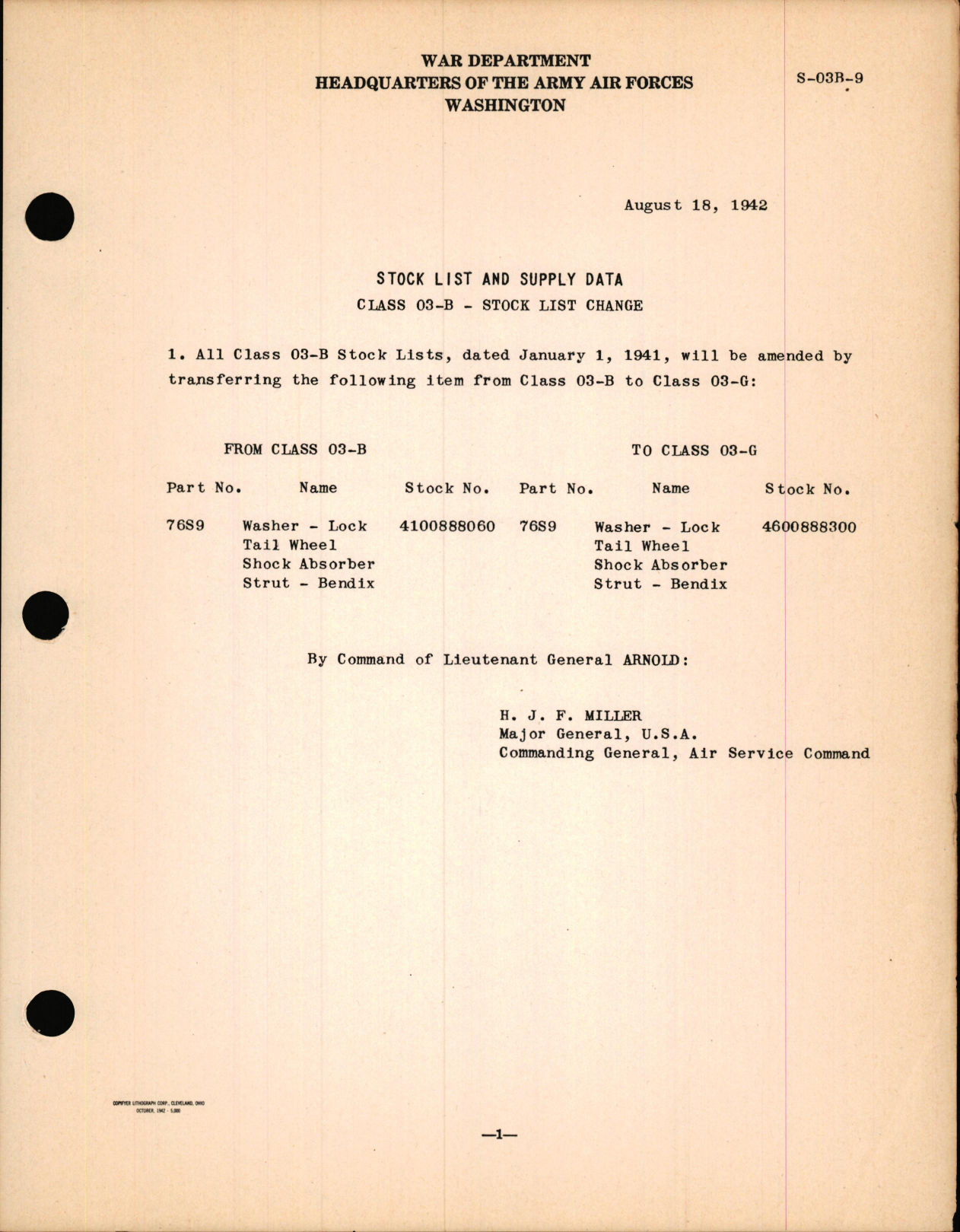 Sample page 1 from AirCorps Library document: Stock List Change for Class 03-B