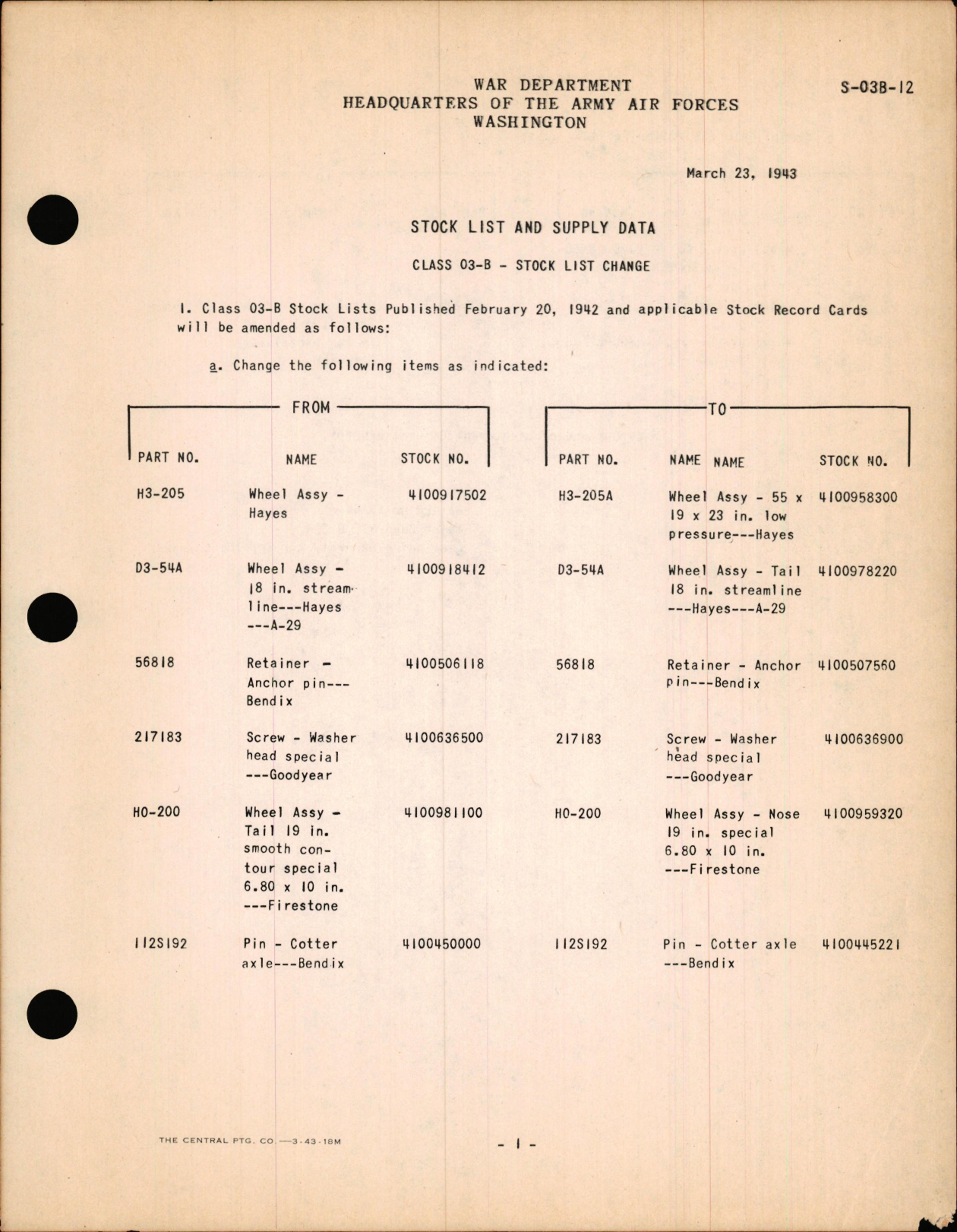 Sample page 1 from AirCorps Library document: Stock List Change for Class 03-B