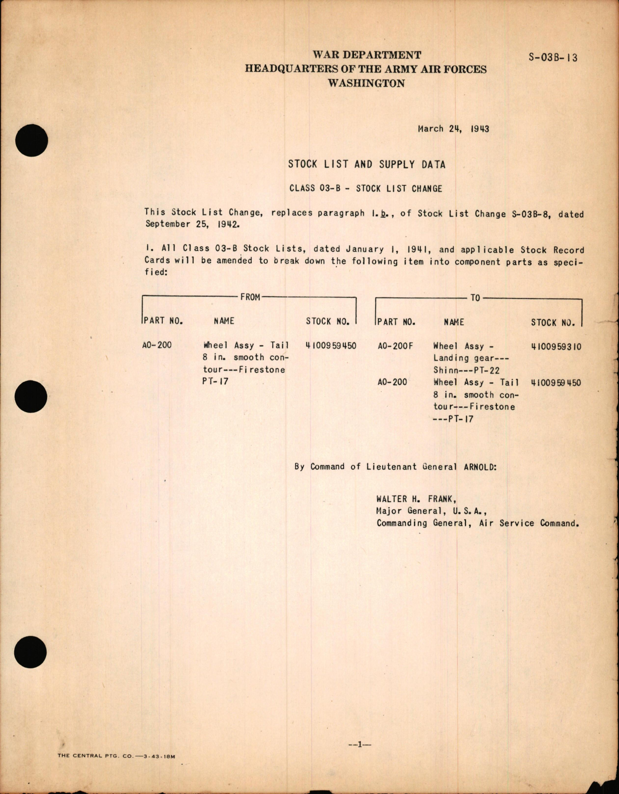 Sample page 1 from AirCorps Library document: Stock List Change for Class 03-B