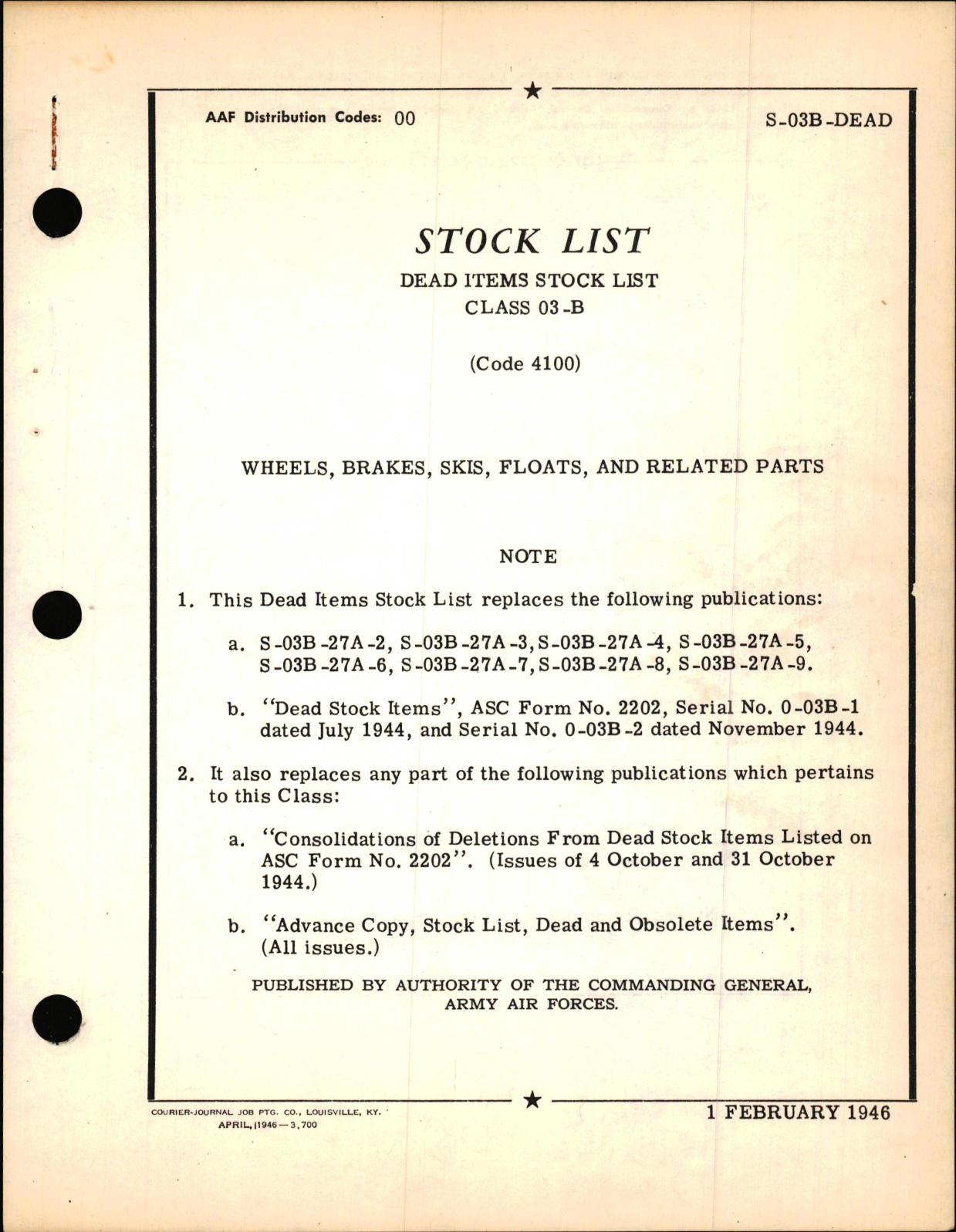 Sample page 1 from AirCorps Library document: Dead Items Stock List for Class 03-B (Code 4100), Wheels, Brakes, Skis, Floats, & Related Parts