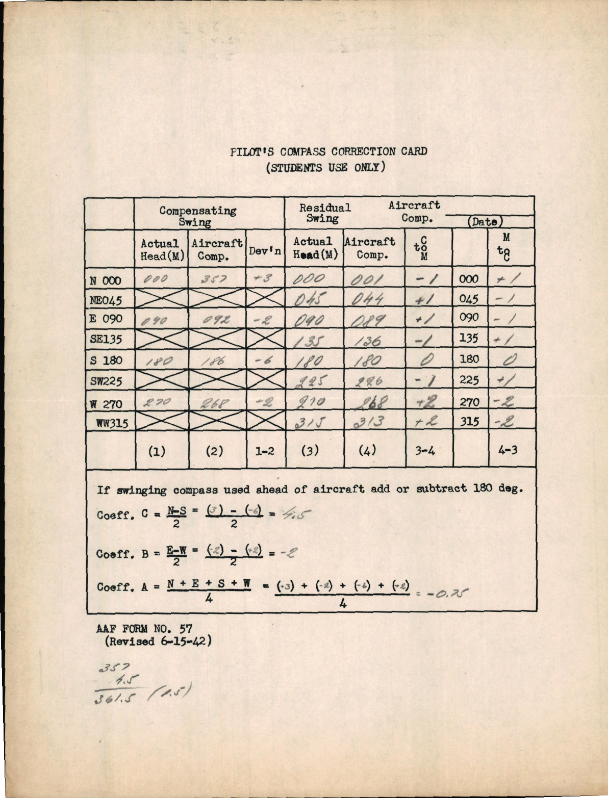 Sample page 1 from AirCorps Library document: Pilot's Compass Correction Card