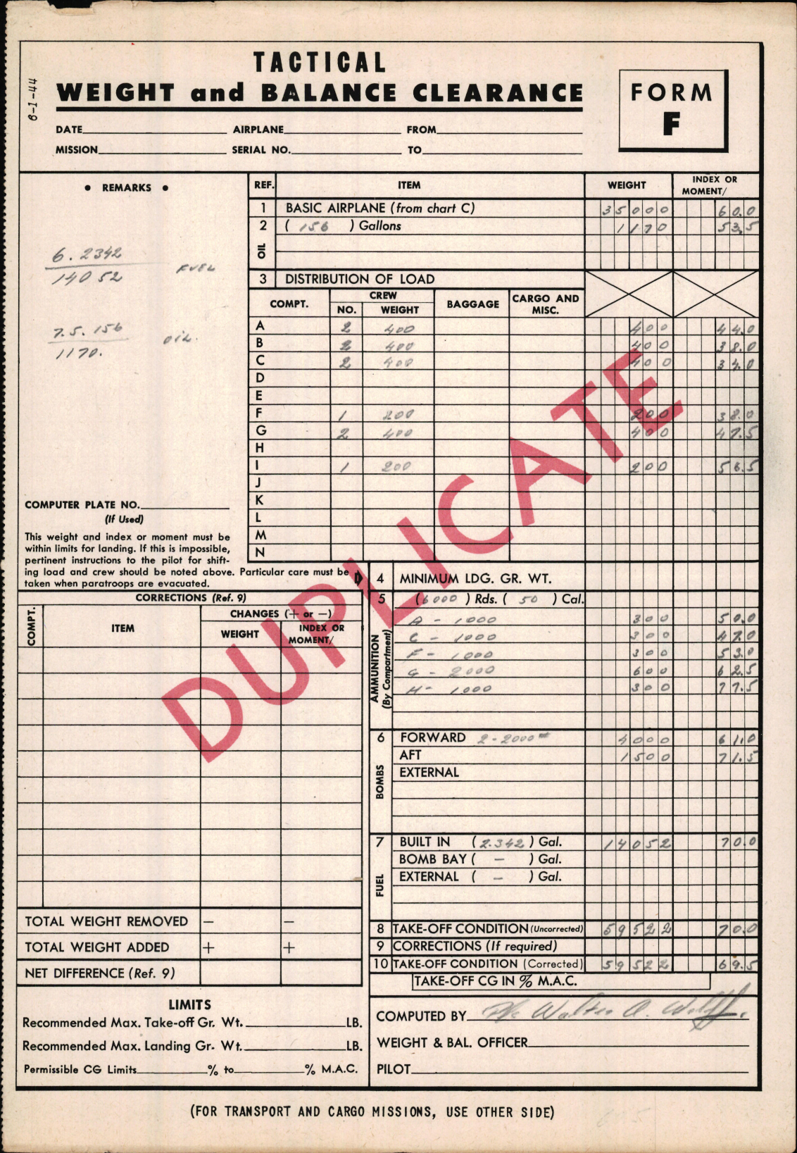 Sample page 1 from AirCorps Library document: Tactical Weight and Balance Clearance