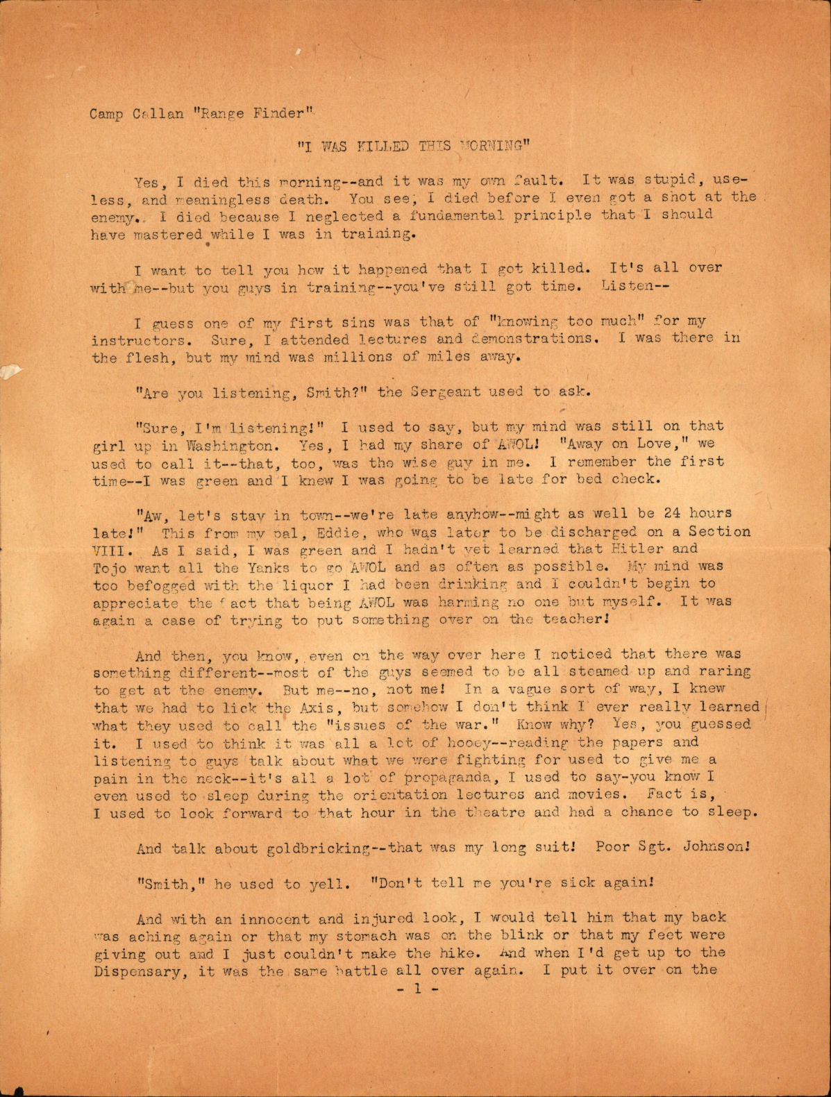 Sample page 1 from AirCorps Library document: I Was Killed This Morning