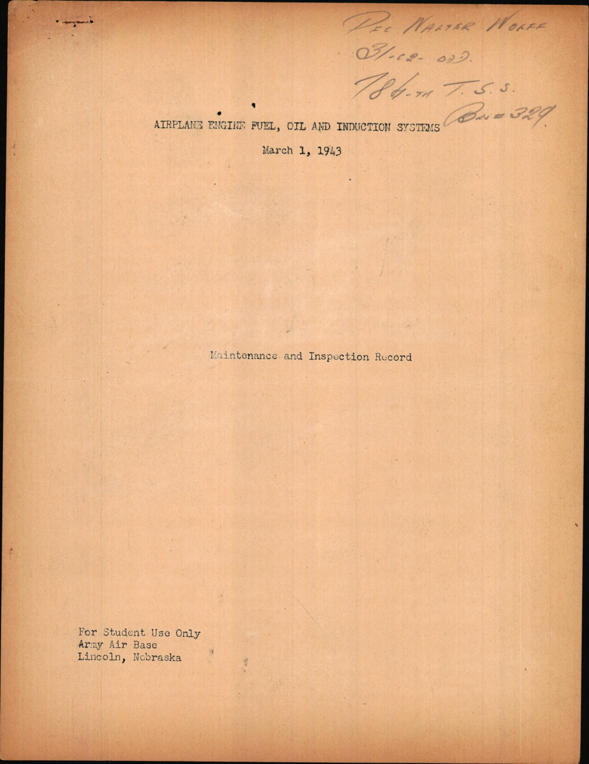 Sample page 1 from AirCorps Library document: Maintenance and Inspection Record for Airplane Engine Fuel, Oil and Induction Systems