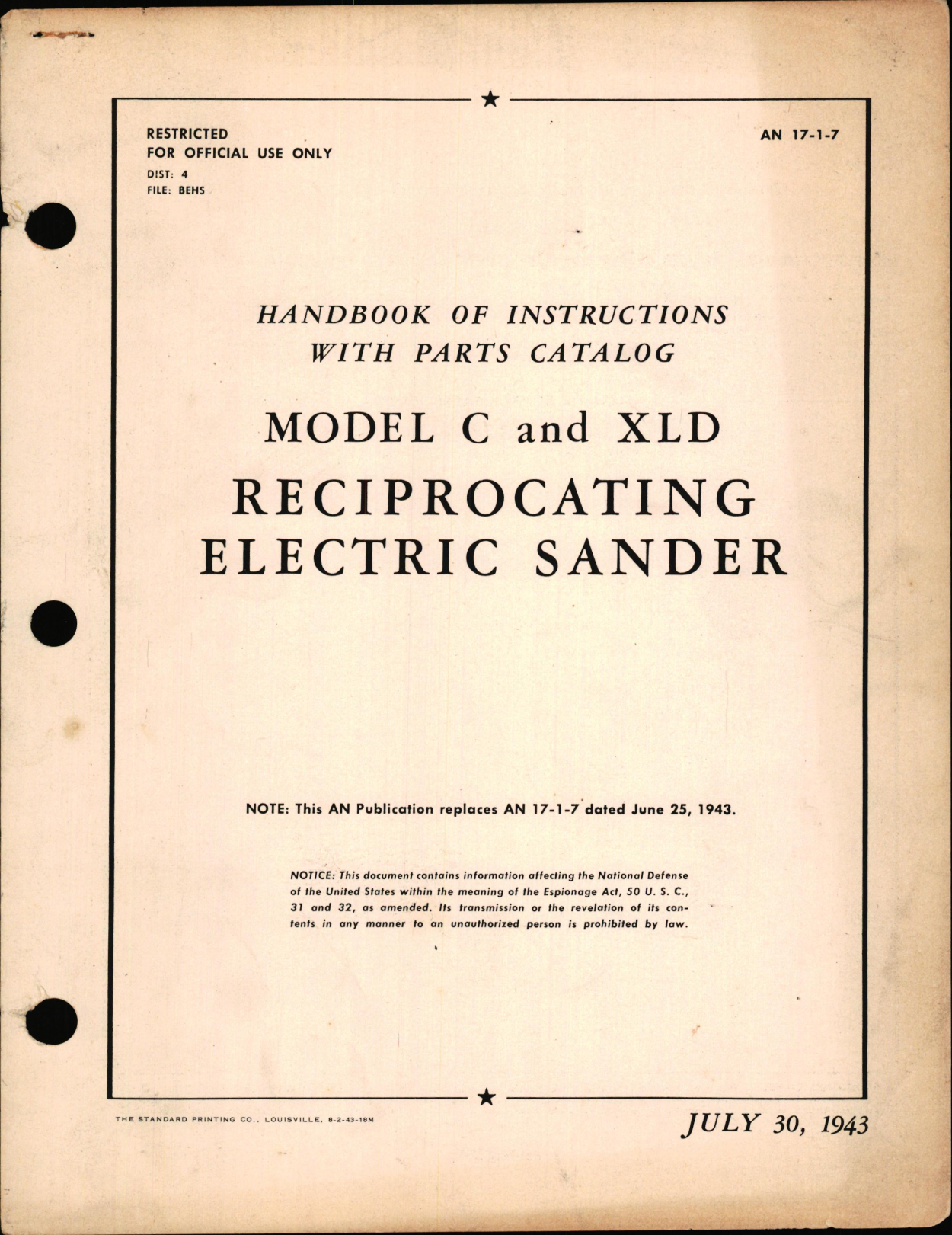 Sample page 1 from AirCorps Library document: Instructions with Parts Catalog for Model C & XLD Reciprocating Electric Sander (Detroit Surfacing Machine), 