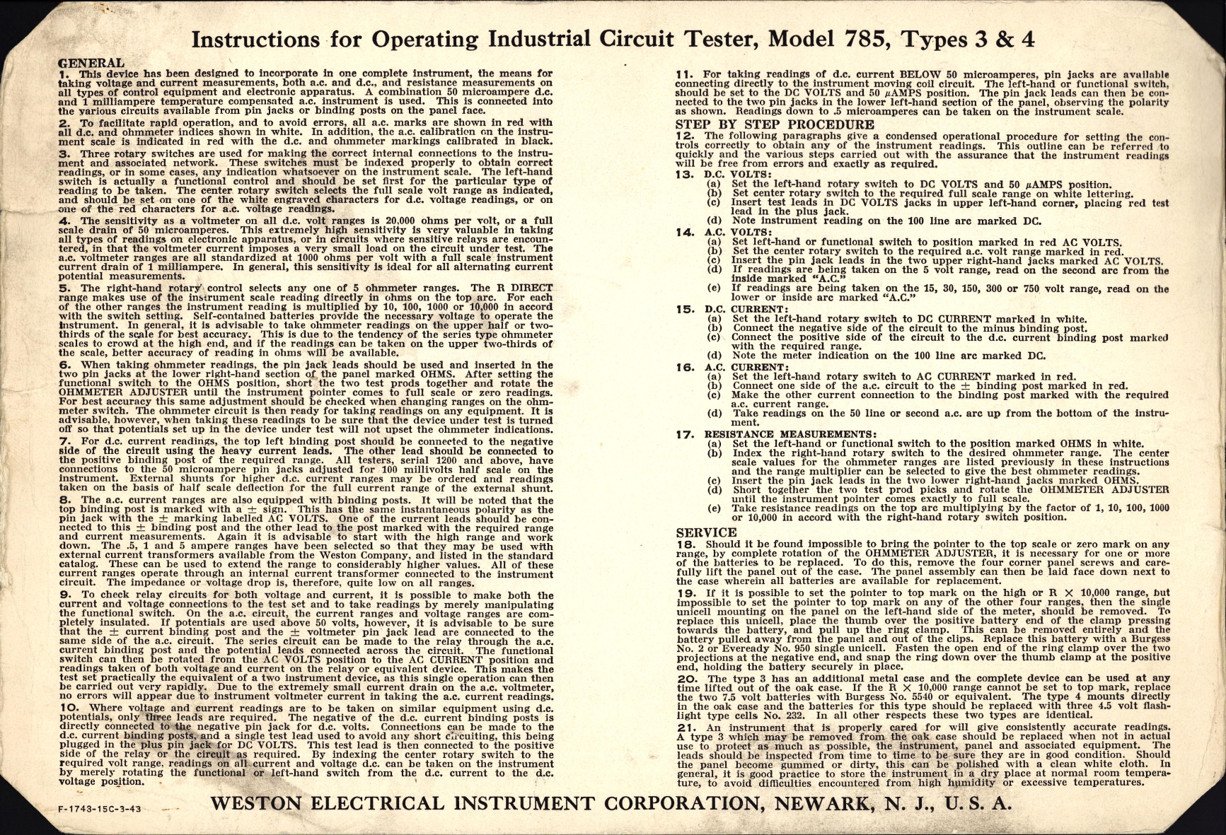 Sample page 1 from AirCorps Library document: Instructions for Operating Industrial Circuit Tester, Model 785, Types 3 & 4\