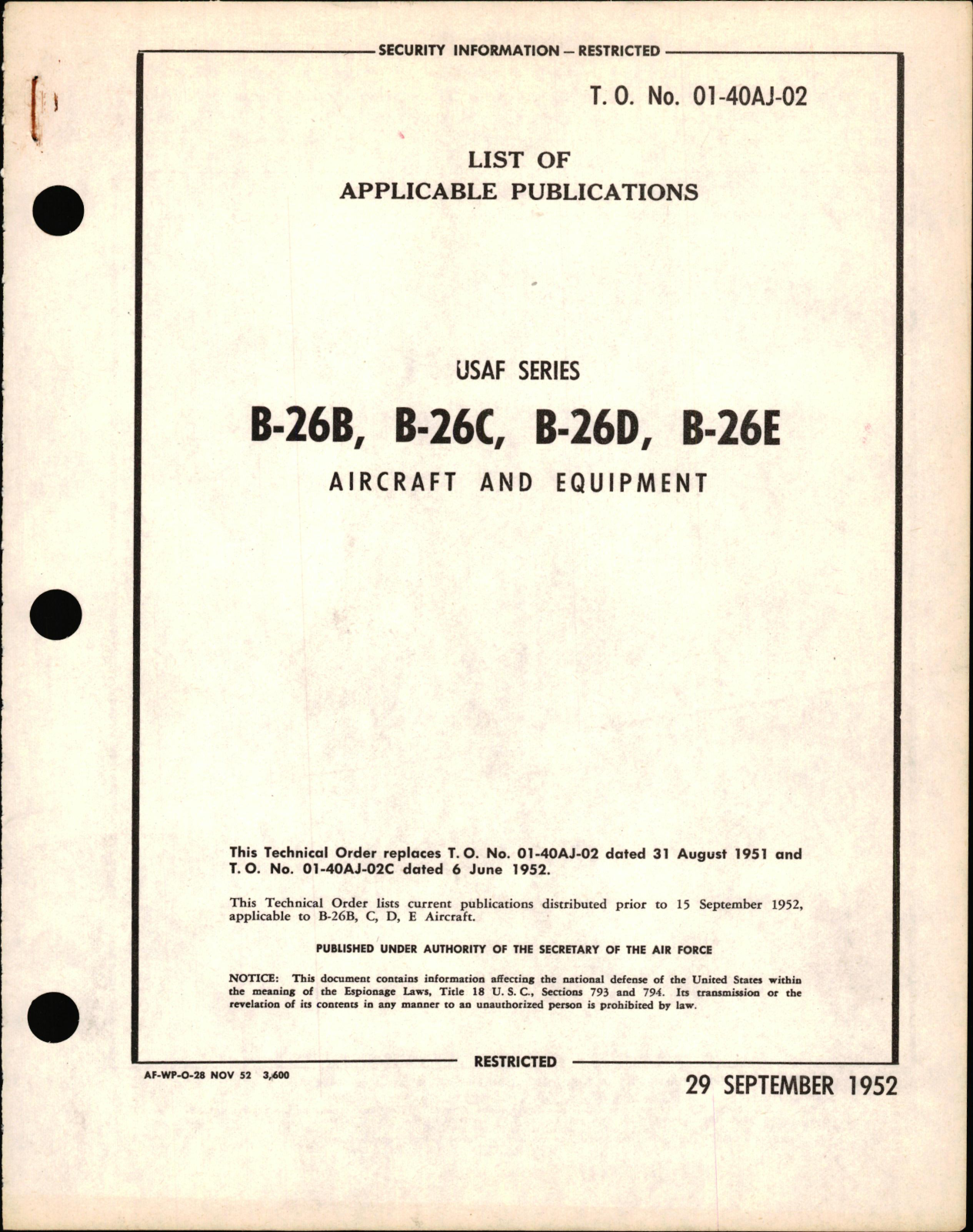Sample page 1 from AirCorps Library document: List of Applicable Publications for B-26B, C, D, E Aircraft & Equipment