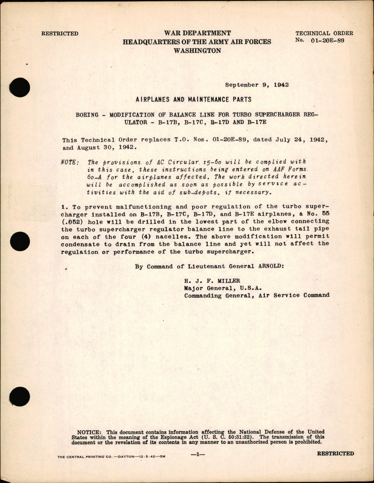 Sample page 1 from AirCorps Library document: Modification of Balance Line for Turbo Supercharger Regulator - B-17B, B-17C, B-17D, B-17E