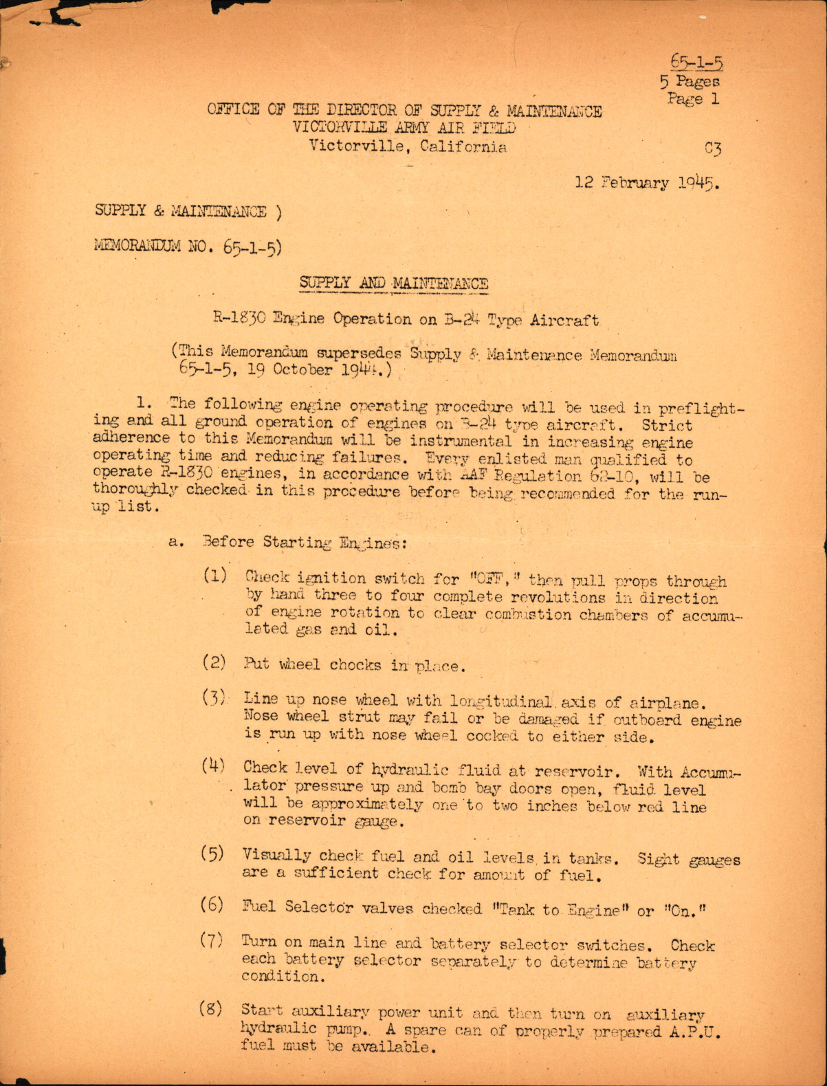 Sample page 1 from AirCorps Library document: R-1830 Engine Operation on B-24 Type Aircraft