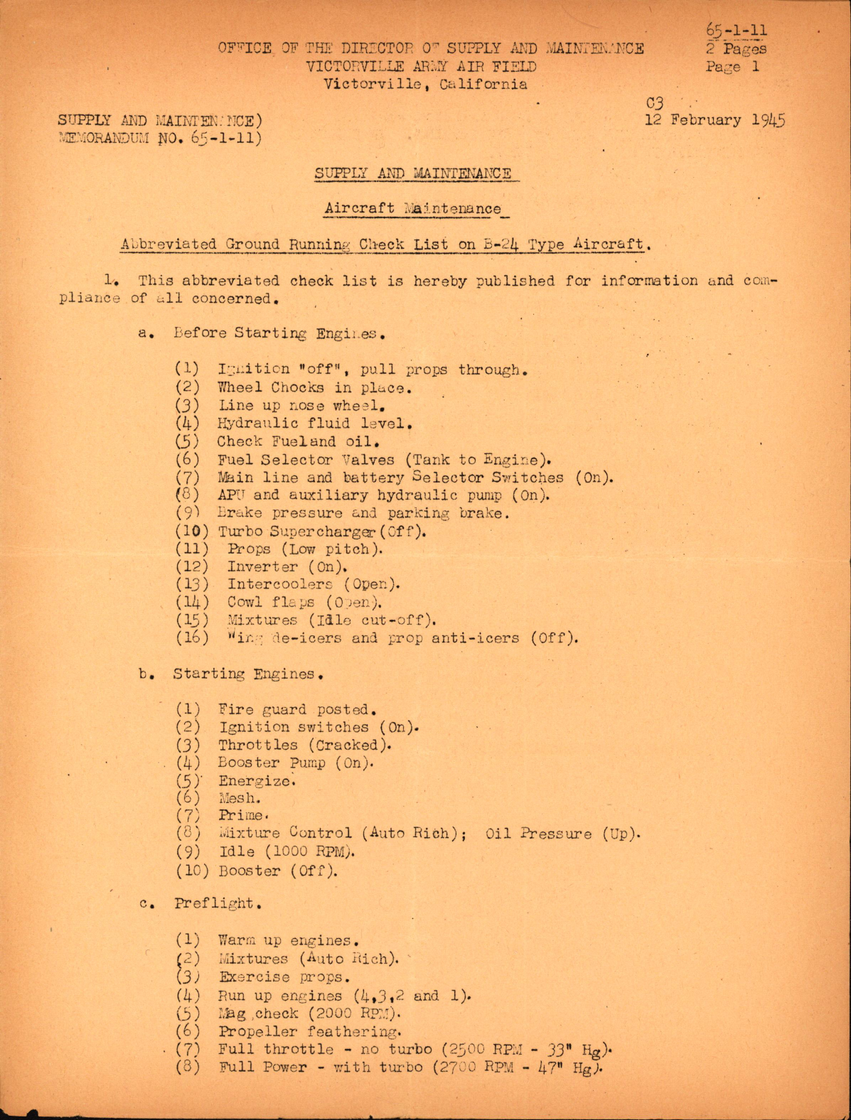 Sample page 1 from AirCorps Library document: Abbreviated Ground Running Check List on B-24 Type Aircraft