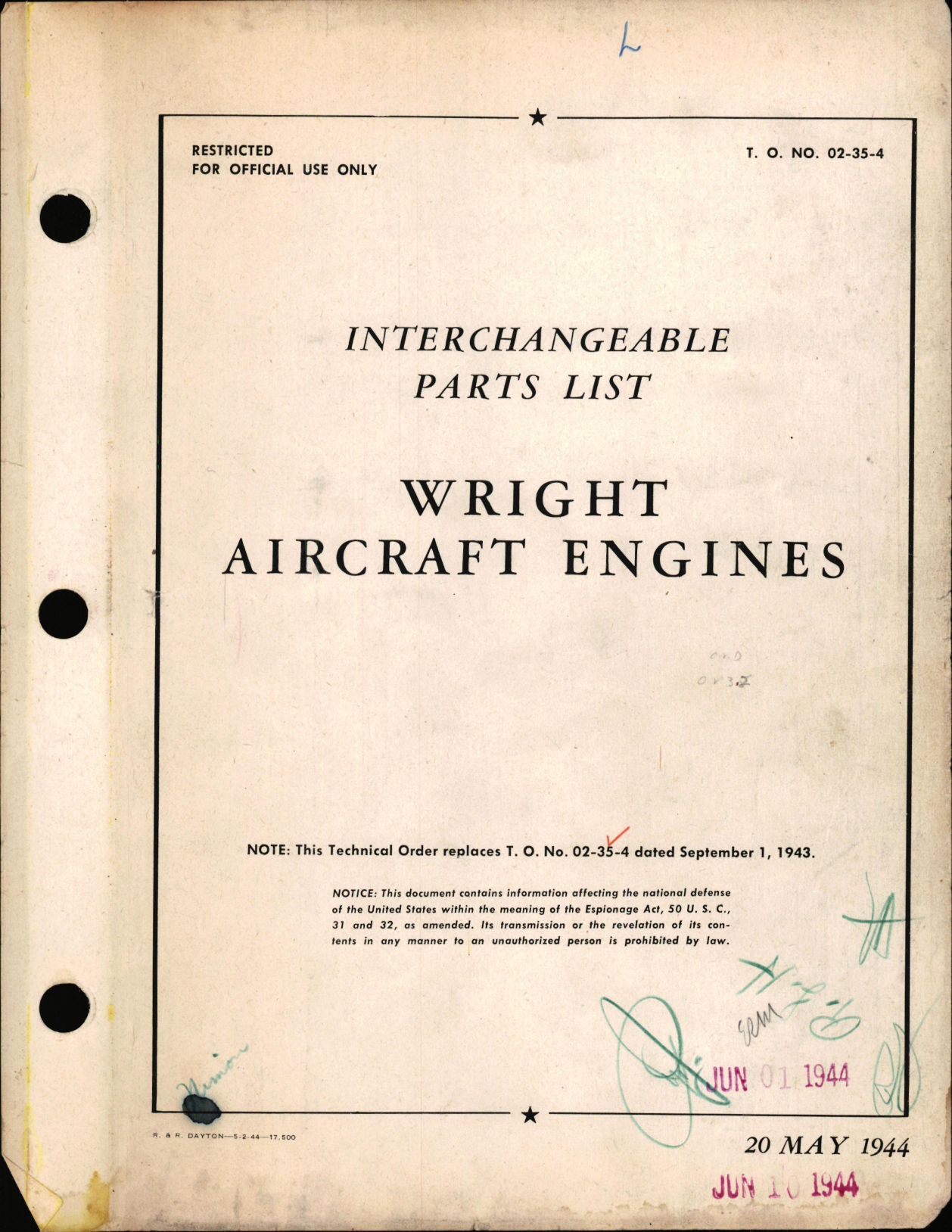 Sample page 1 from AirCorps Library document: T.O. No. 02-35-4, Interchangeable Parts List for Wright Aircraft Engines, 