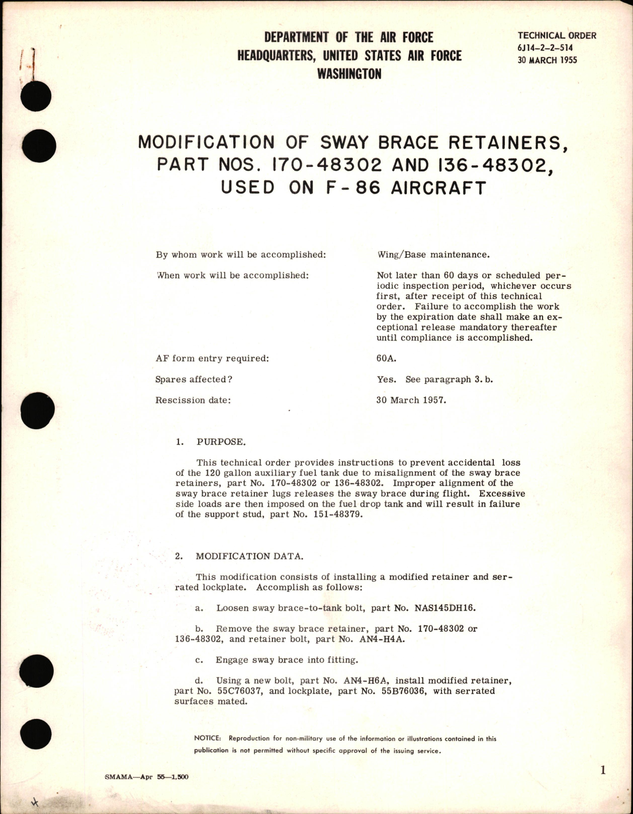 Sample page 1 from AirCorps Library document: Modification of Sway Brace Retainers used on F-86 Aircraft Part Nos. 170-48302 & 136-48302