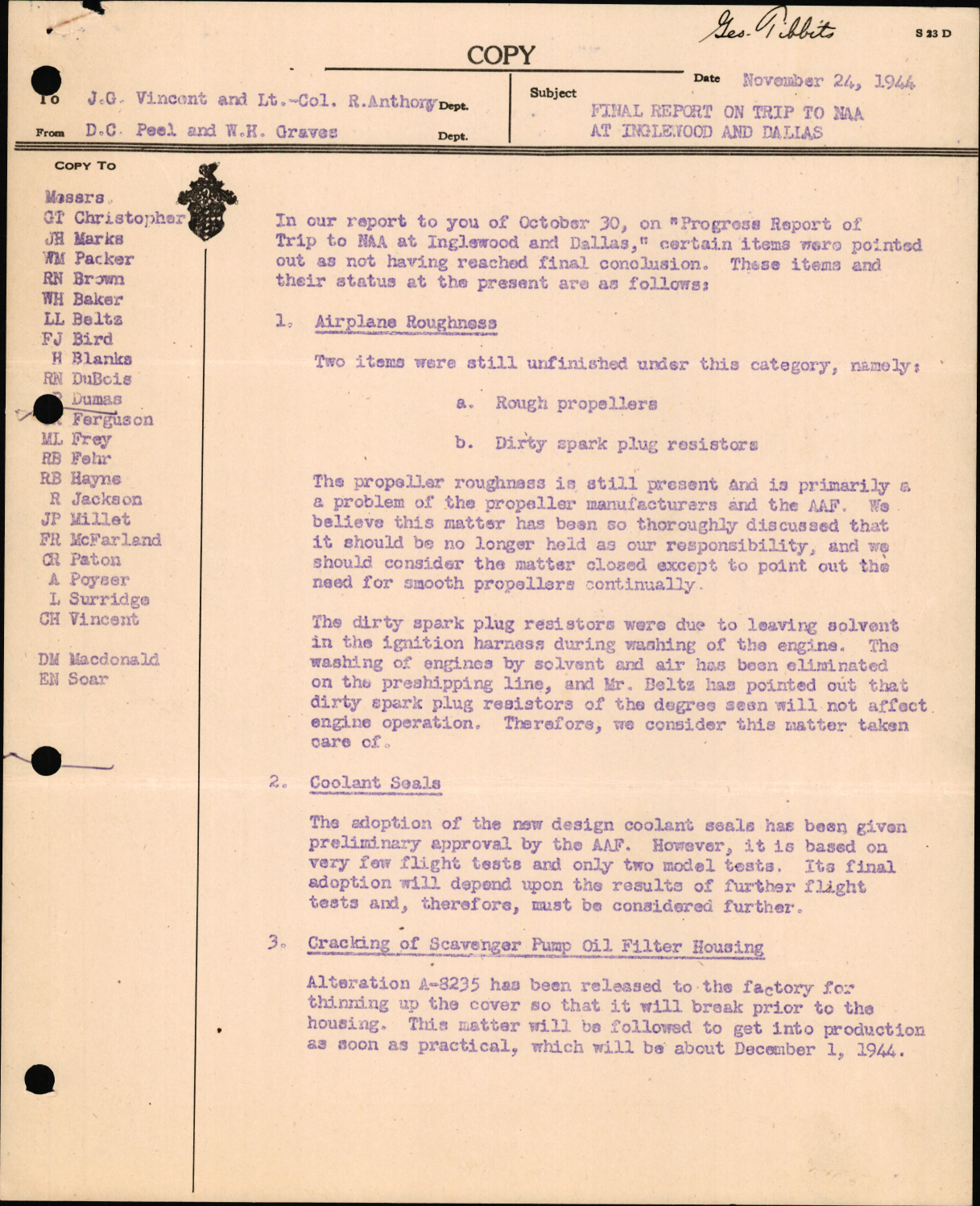 Sample page 1 from AirCorps Library document: Correspondence Concerning Unfinished Maintenance and Repairs