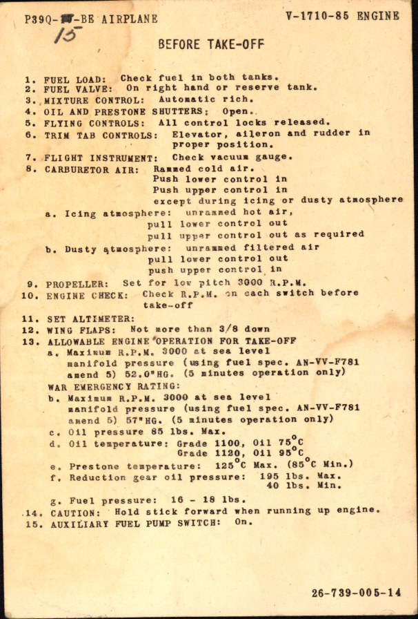 Sample page 1 from AirCorps Library document: Checklist for P-39Q-10-BE Airplane