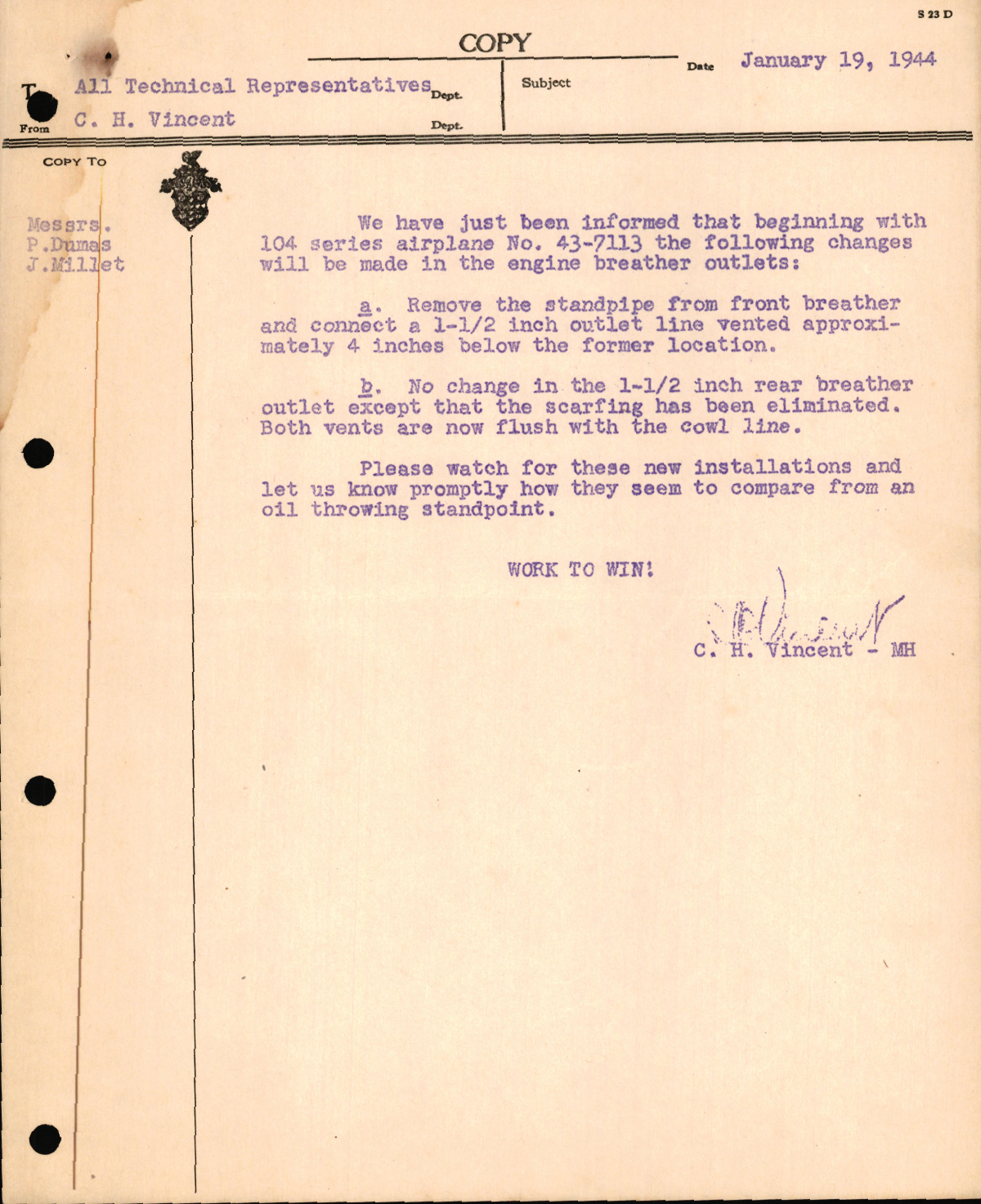 Sample page 1 from AirCorps Library document: Correspondence Concerning Changes to the Engine Breather Outlet