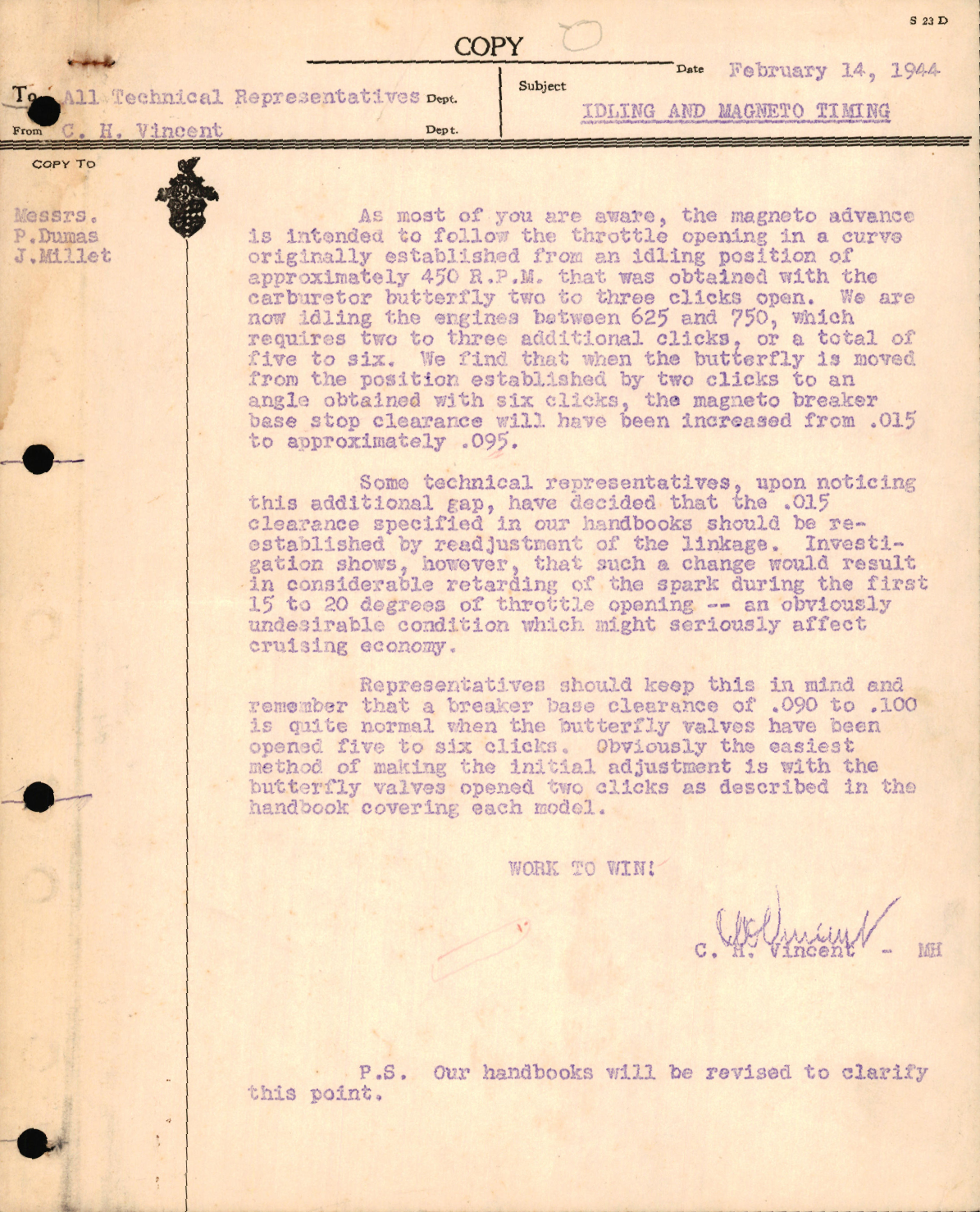 Sample page 1 from AirCorps Library document: Correspondence Concerning Idling and Magneto Timing on the Engine