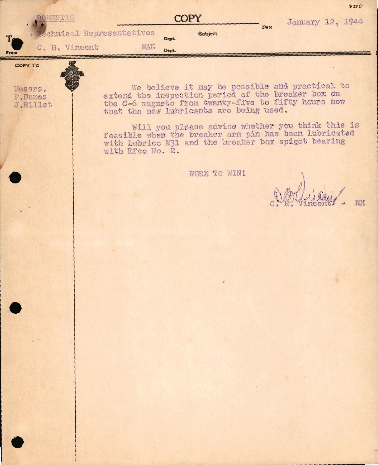 Sample page 1 from AirCorps Library document: Correspondence Concerning Inspection Period for the C-6 Magneto Breaker Box